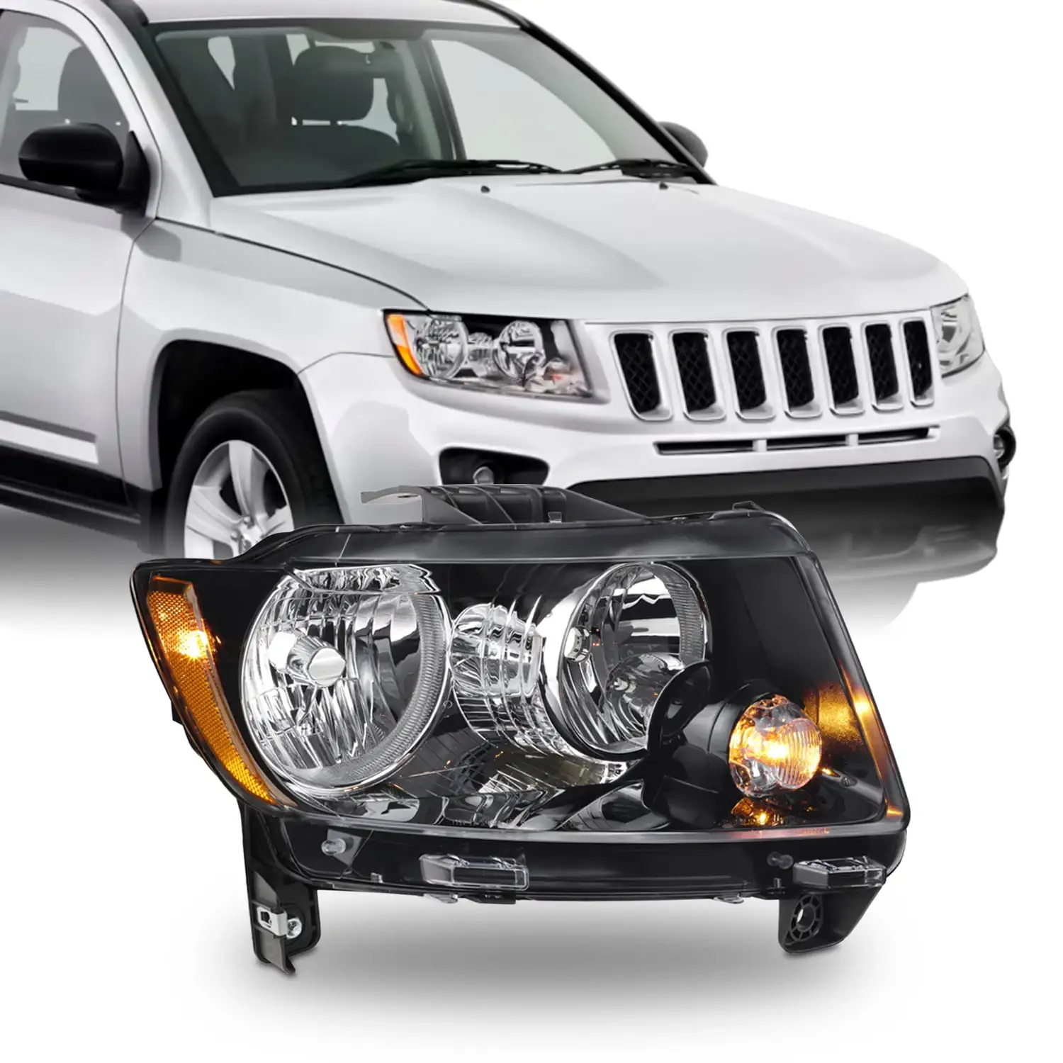 AKKON - Fit 2014-2017 Jeep Compass Halogen Type Headlight Headlamp w/ Black Trim Replacement Black Driver Side