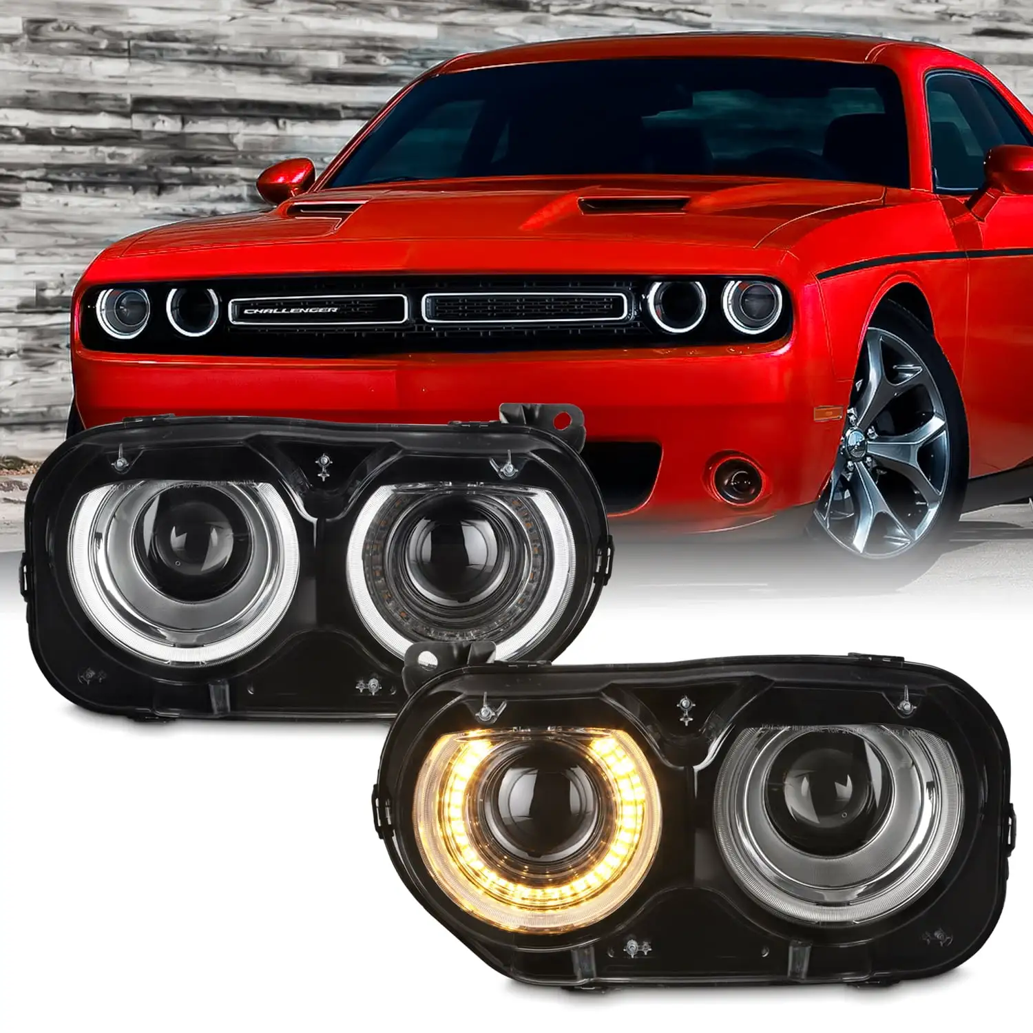 AKKON - Fit 2015-2020 Dodge Challenger Halogen Type Dual Beam Switchback w/LED DRL Projector Headlight Driver + Passenger Set