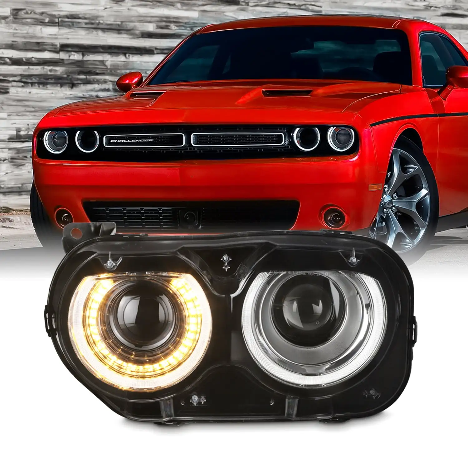 AKKON - Fit 2015-2020 Dodge Challenger Halogen Type Dual Beam Switchback w/LED DRL Projector Headlight Left Driver Side