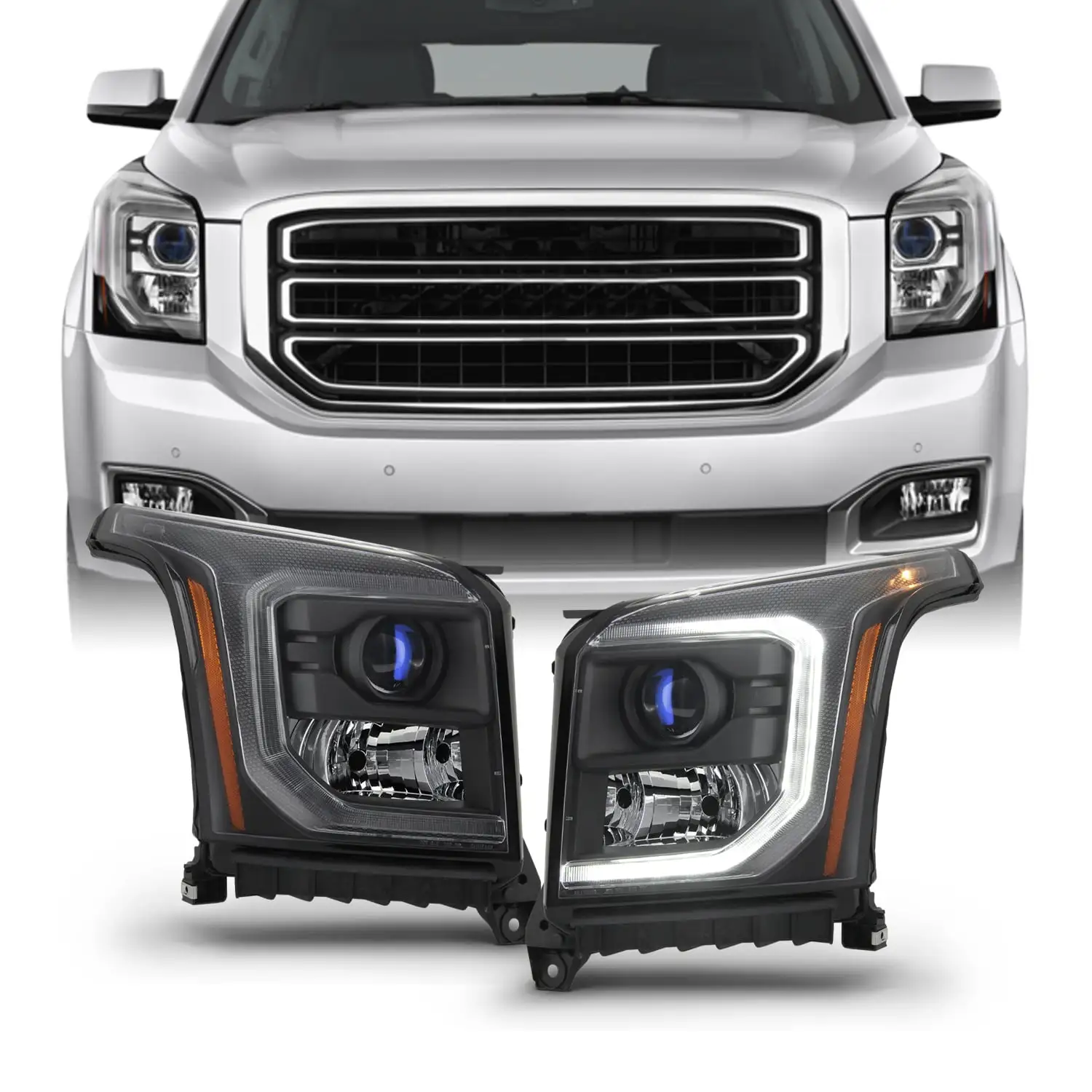 AKKON - Fit 2015-2020 GMC Yukon & Yukon XL OE LED Light Tube Projector Headlights - Black Housing