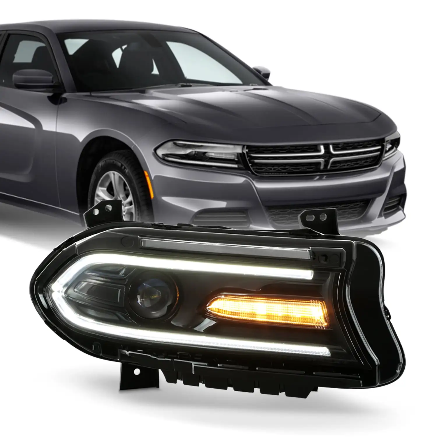 AKKON - Fit 2015-2021 Dodge Charger [HID/Xenon Type] Projector Black Headlight Passenger Right w/LED DRL Running+Signal w/o Logo