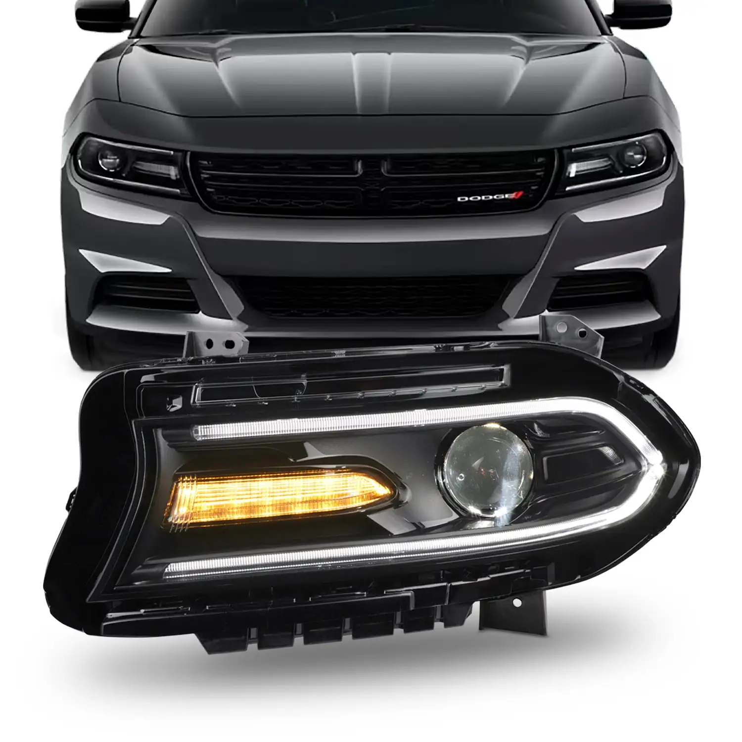 AKKON - Fit 2015-2021 Dodge Charger HID Xenon w/ LED DRL Assembly Projector Headlight Headlamp [No Side Logo] OE Style Driver Left Side