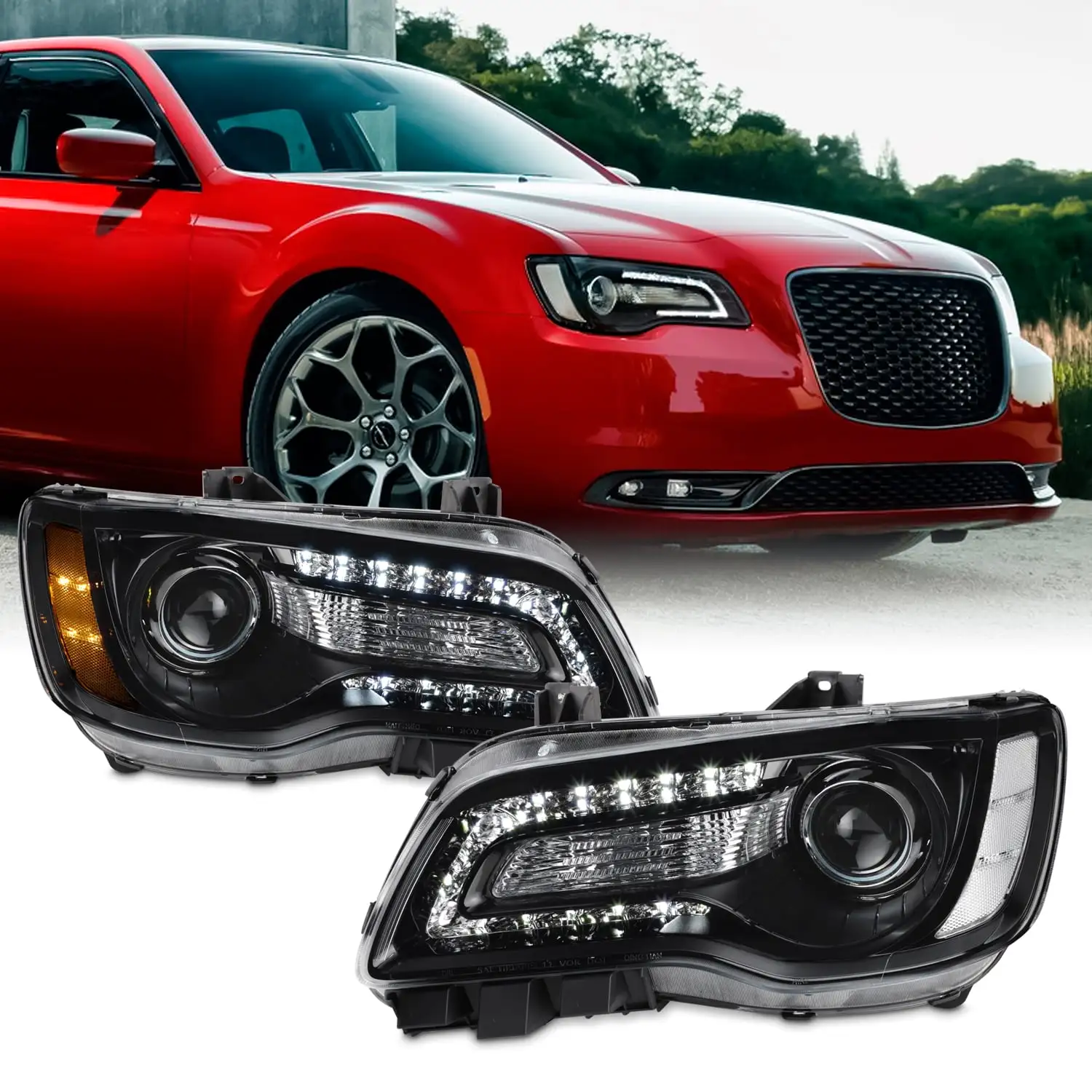 AKKON - Fit 2015-2023 Chrysler 300 Halogen Type Projector Headlight Black Bezel OE Style Driver + Passenger