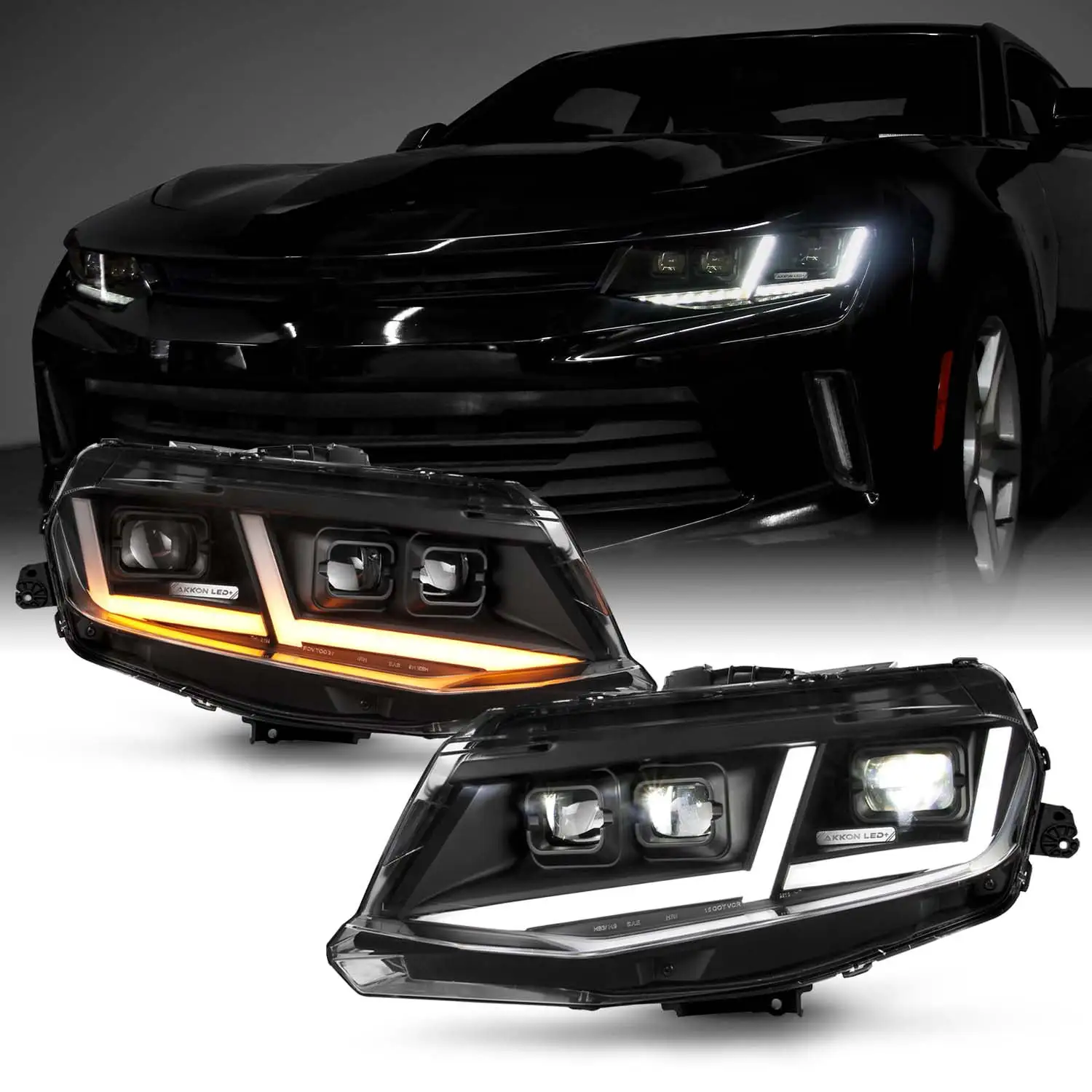 AKKON - Fit 2016 2017 2018 Chevy Camaro FULL LED DRL Switchback Sequential Triple Lens Projector Headlights Black