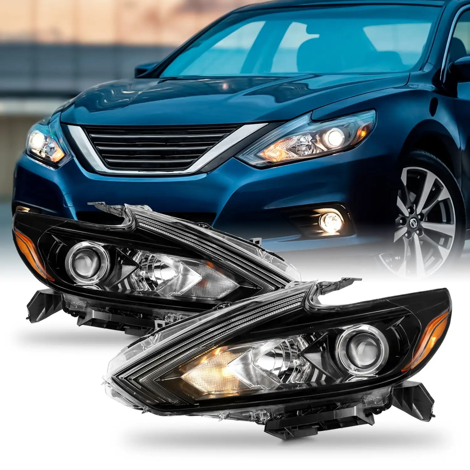 AKKON - Fit 2016 2017 2018 Nissan Altima 4-Door Halogen Type Headlights OE Style Drive + Passegner Black