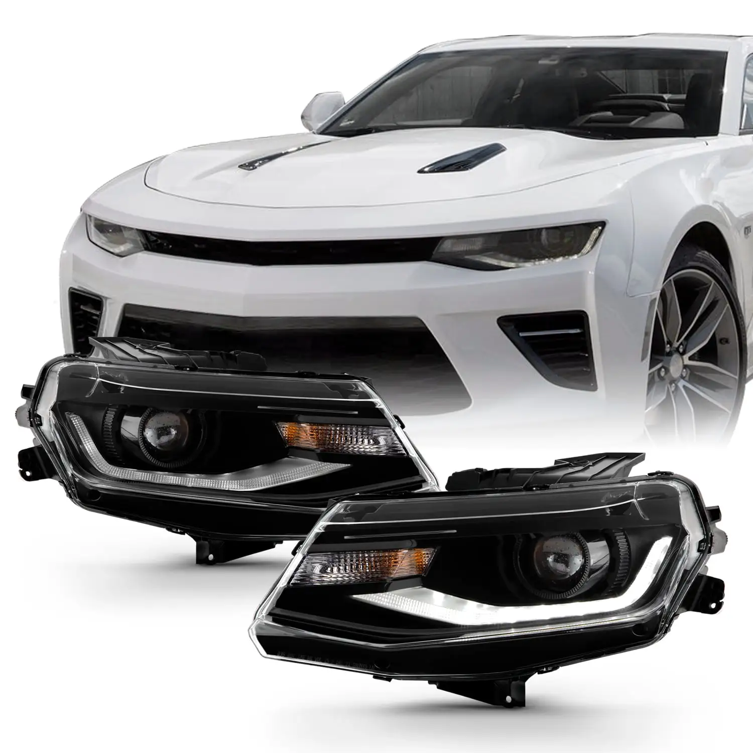 AKKON - Fit 2016-2018 Chevy Camaro 2019-2023 ZL1 [HID/Xenon] Black Projector Headlight Pair Driver+Passenger w/ LED Tube Running