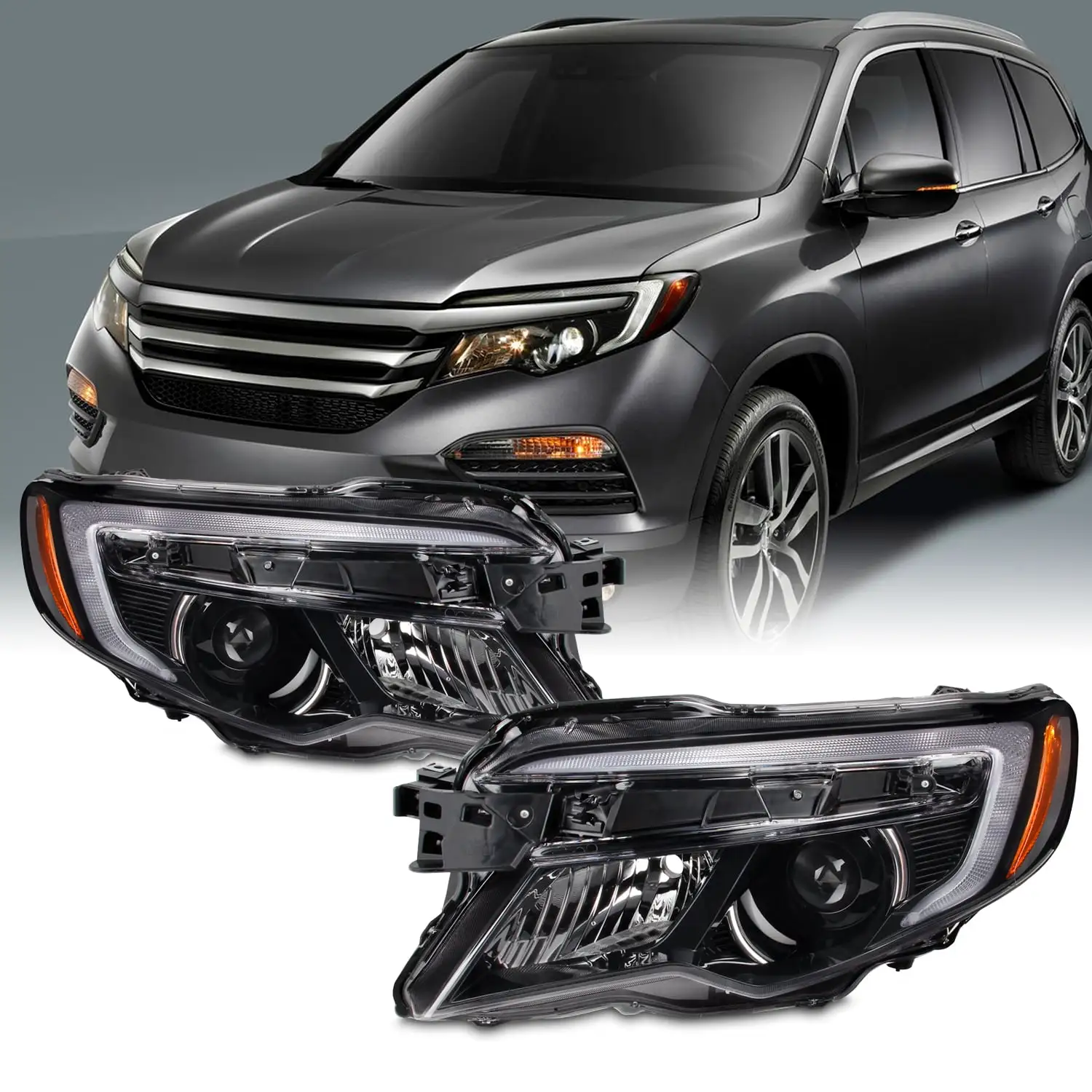 AKKON - Fit 2016-2021 Honda Pilot / Ridgeline 17-20 OE Style Halogen Type Halogen Headlights Driver + Passenger Black