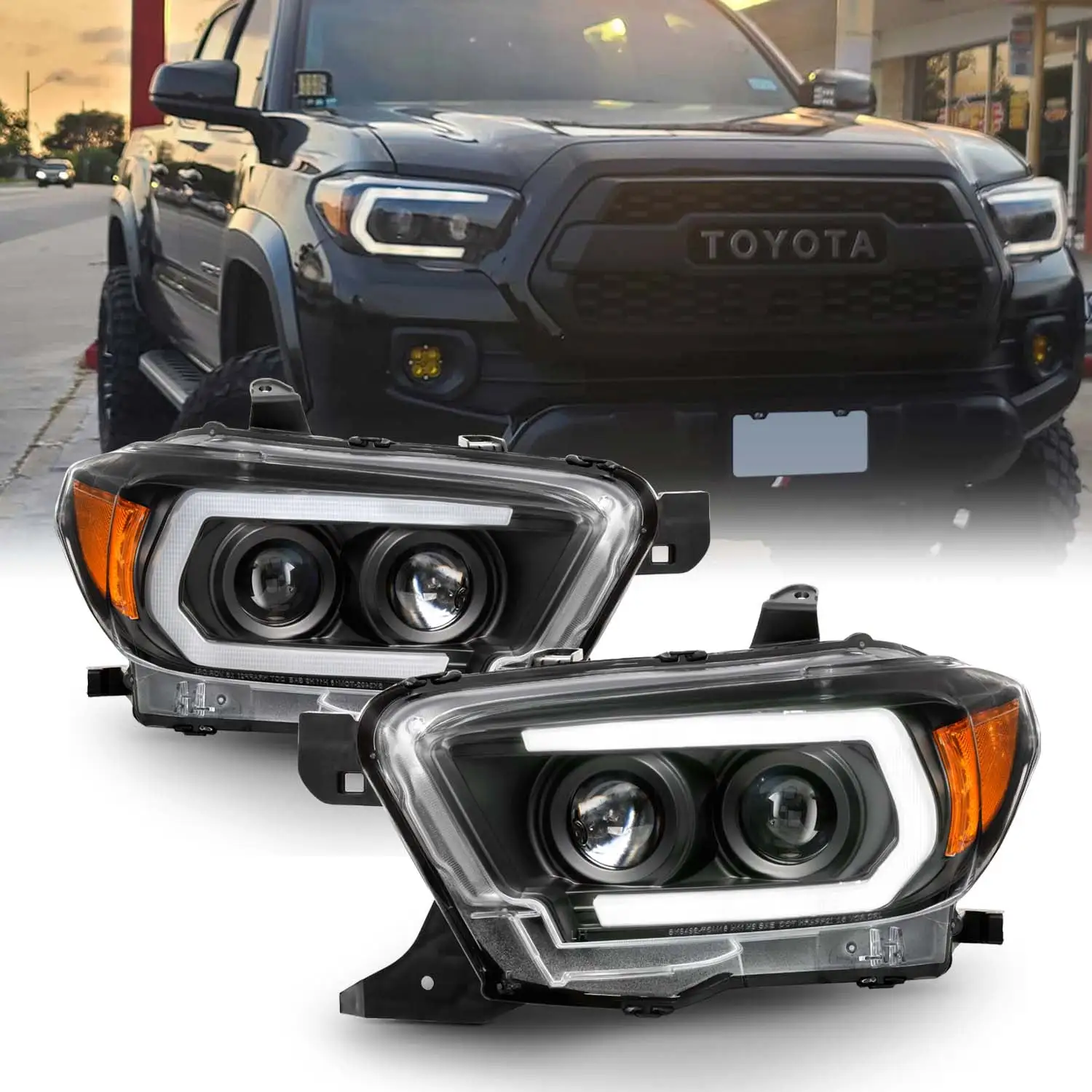 AKKON - Fit 2016 - 2022 Toyota Tacoma LED Tube Projector Black Headlight w/Sequential Turn Signal Pair Housing