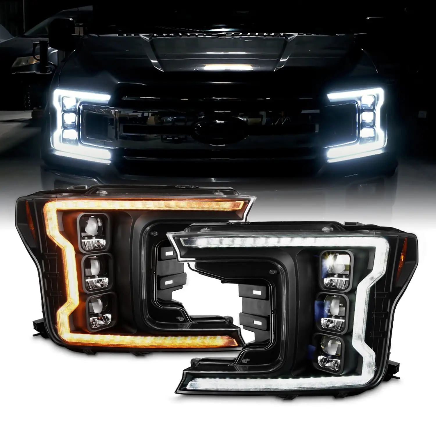 AKKON - Fit 2018 2019 2020 Ford F150 [Full LED] Black Halogen Model w/Sequential LED Switchback Signal Strip Projector Headlights