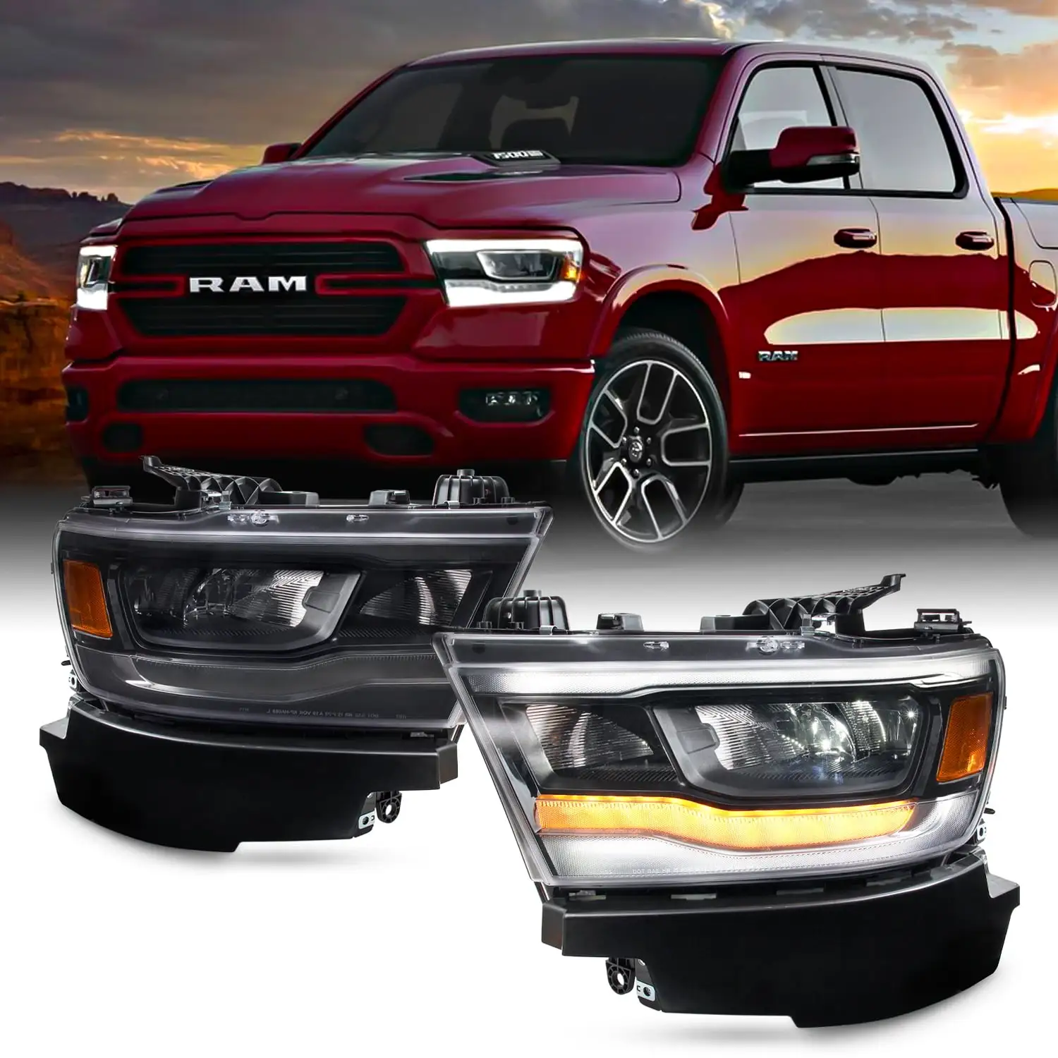 AKKON - Fit 2019-2022 Ram 1500 [Halogen Upgrade] Full LED DRL Running Tube Turn Signal Black Headlights Pair w/wire kit