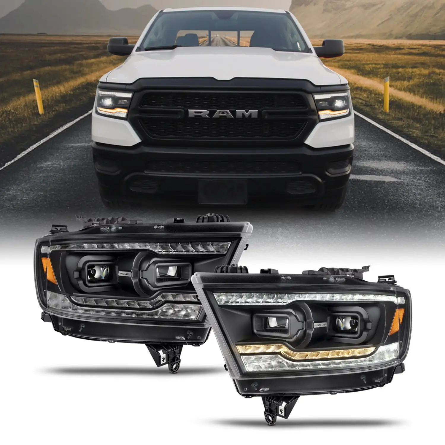 AKKON - Fit 2019-2023 Dodge RAM 1500 Halogen Model Upgrade Dual Projector + Full-LED Sequential Light Bar Headlights- Black Housing