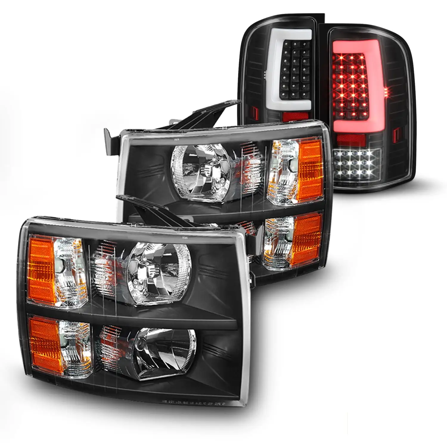 AKKON - Fits 07-13 14 Silverado 1500 2500HD 3500 HD Sierra 3500HD LED [C-Tube Bar] Sequential Signal Black Tail Light + Headlight