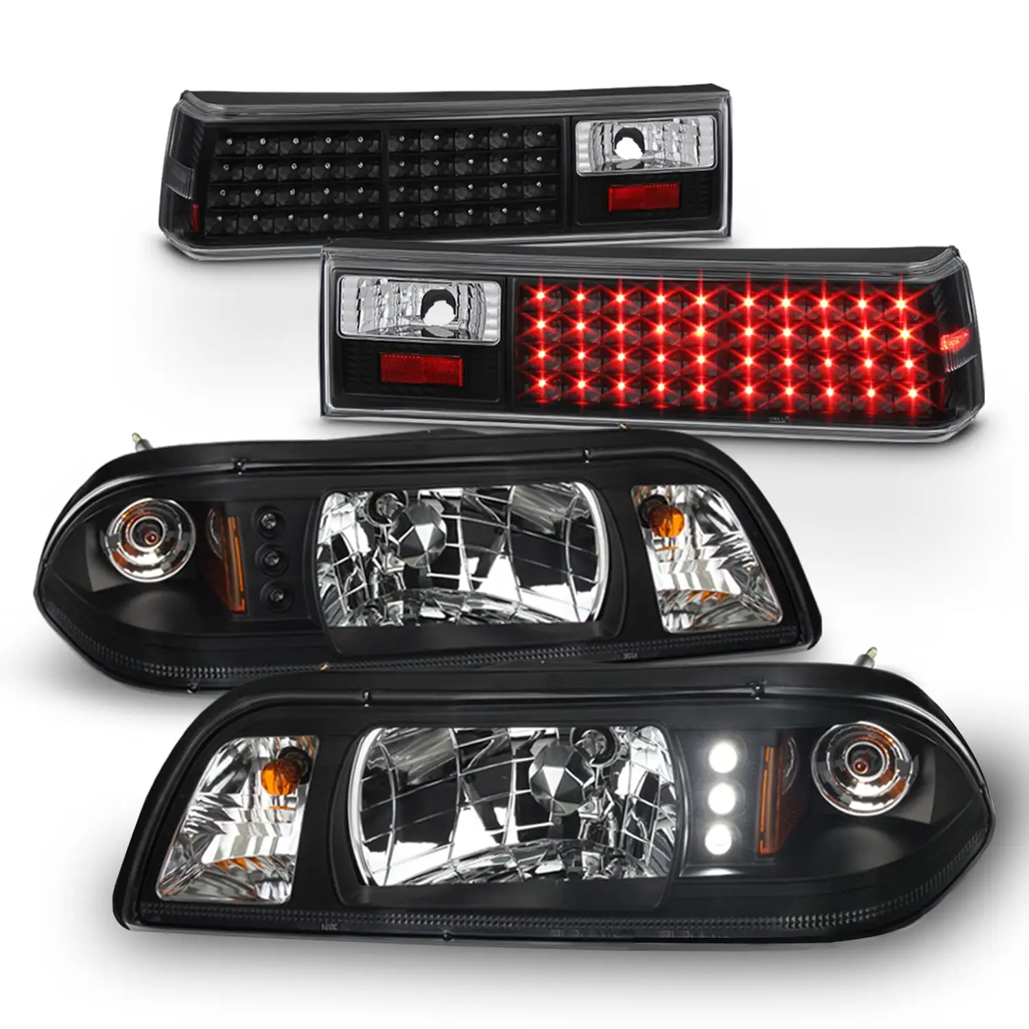 AKKON - Fits 1987-1993 Ford Mustang LED Black Housing Headlights + Corner Lamps + Tail Lights 6 in 1 LED Combo