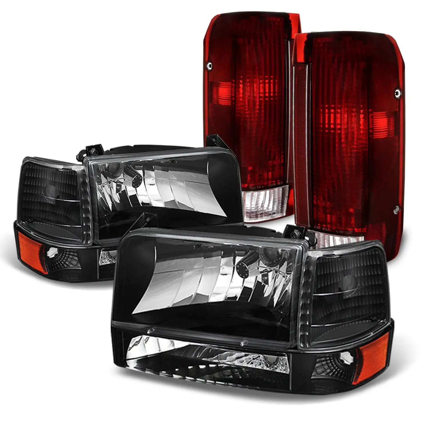 AKKON - Fits 1992-1996 Ford F150 F250 F350 Bronco Pickup Truck Black Headlights + Dark Red Tail Brake Lamps Pair Left+Right