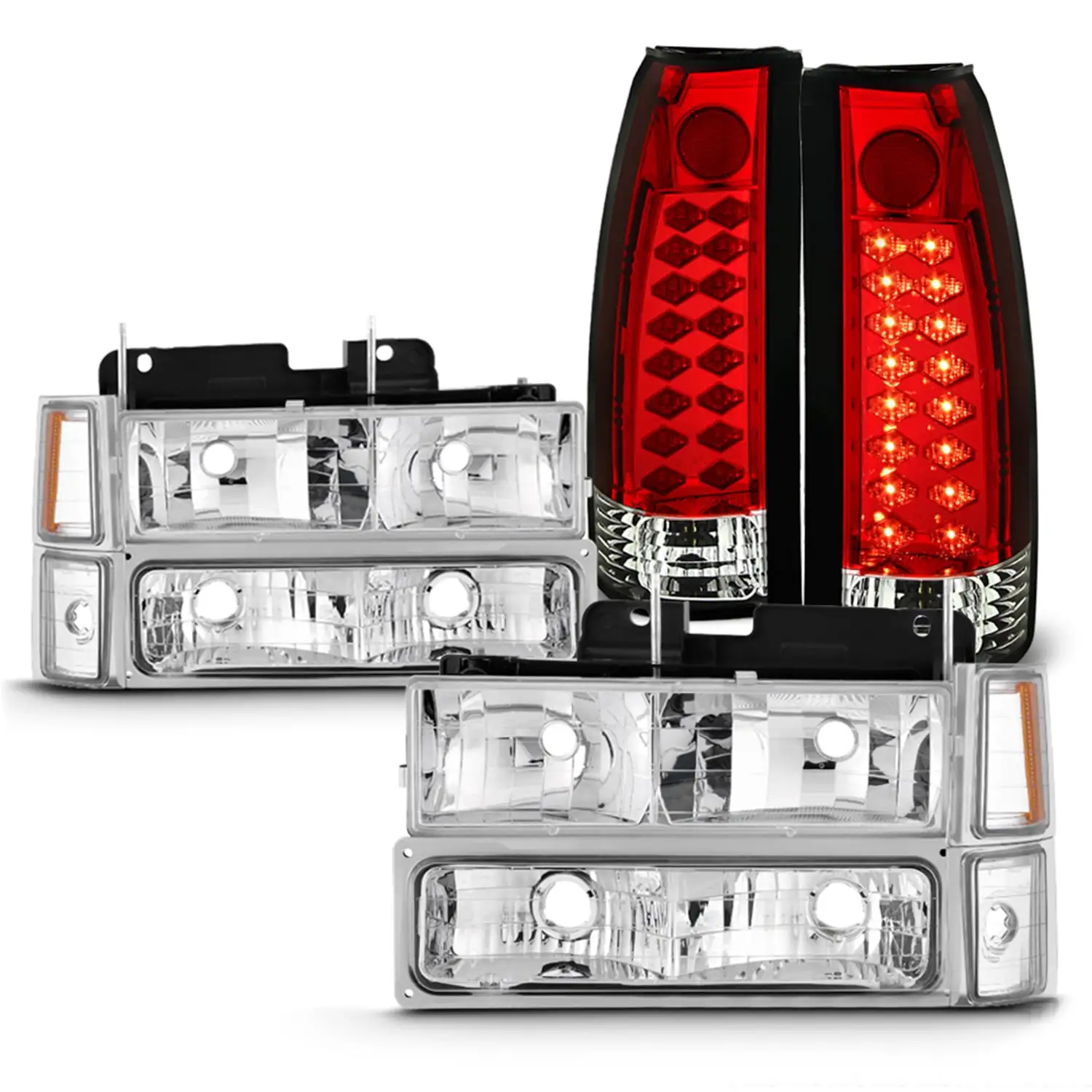 AKKON - Fits 1994-1998 C/K 1500 2500 3500 Tahoe Suburban Chrome Headlights + Corner + Signal Lamp + LED Red Tail Lights Pair