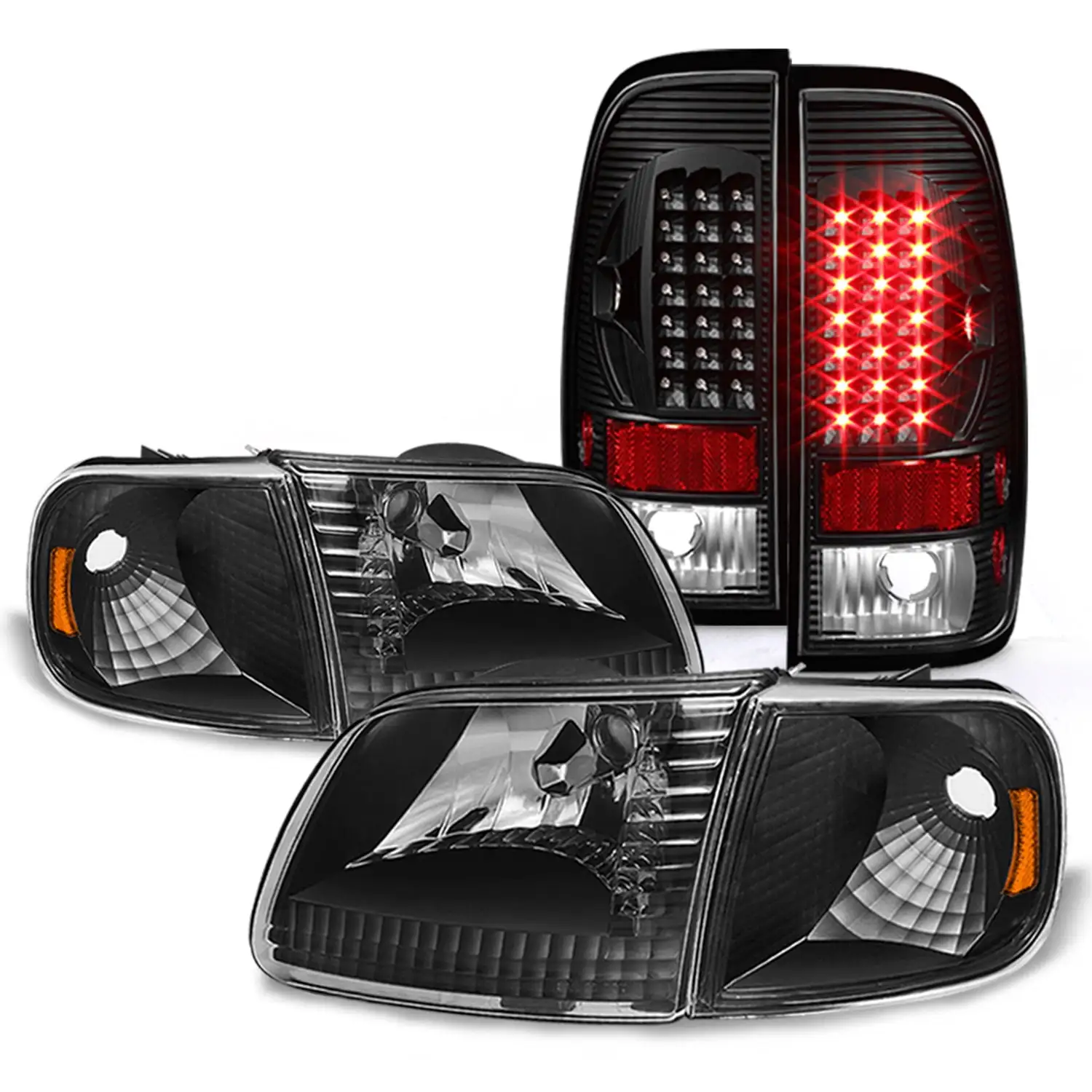 AKKON - Fits 1997-1999 F250 1997-2003 F150 2004 F-150 Heritage Black Headlights + Blk LED Tail Light Brake Lamp Pair Left+Right