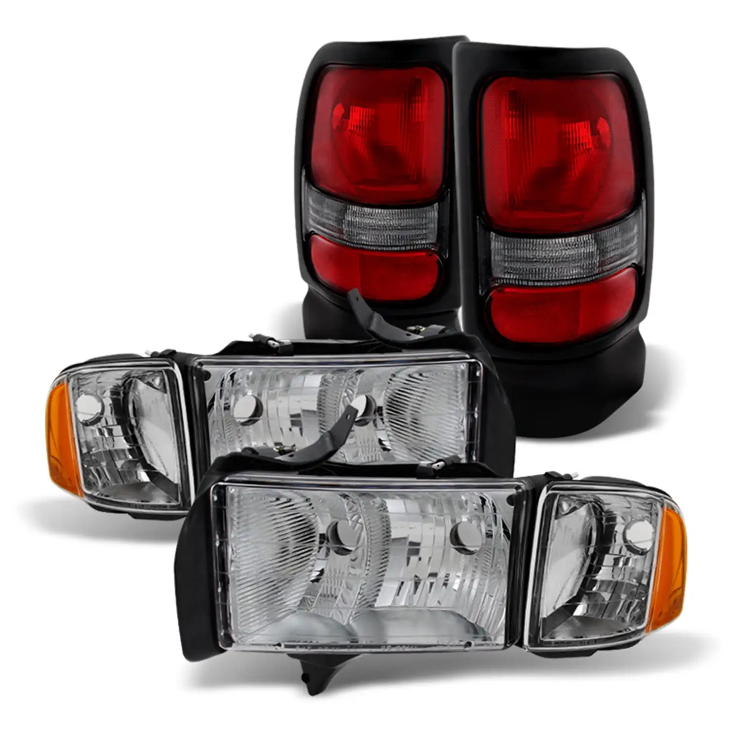 AKKON - Fits 1999-2001 Dodge Ram 1500 Sport Models Chrome Headlights +Red Clear Tail Lights Pair Left+Right combo