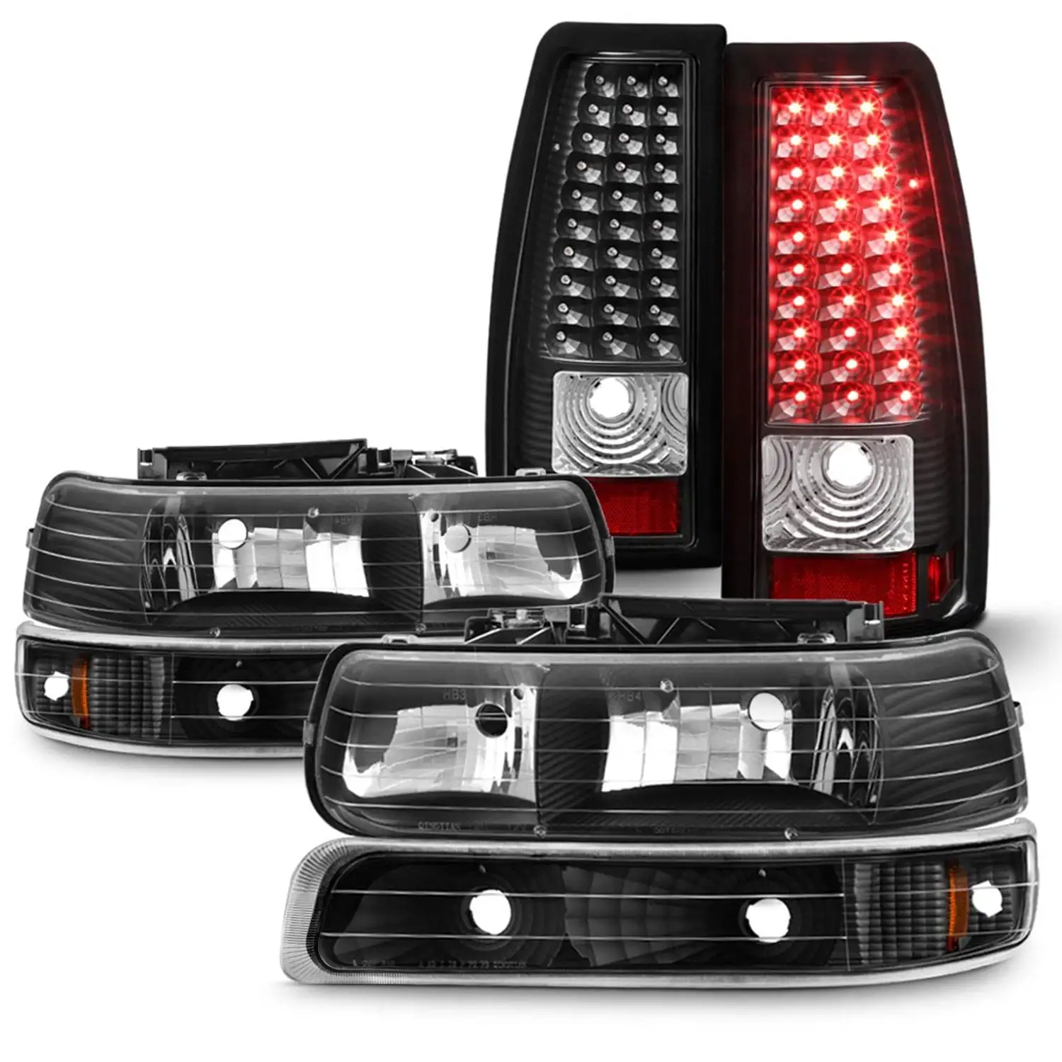 AKKON - Fits 1999-2002 Chevy Silverado 1500/ 1500HD/ 2500/ 2500HD/ 3500 Black Headlights + Bumper Signal + LED Tail Brake Lamp