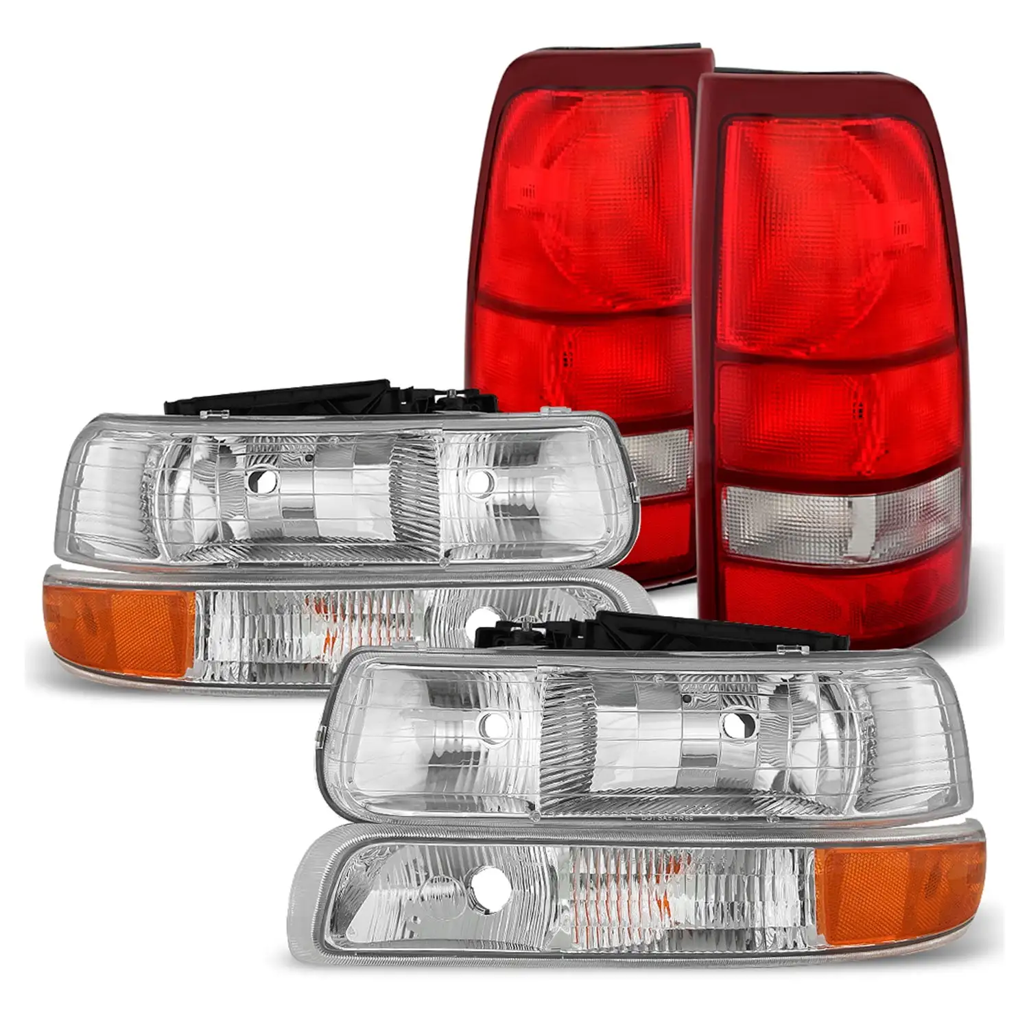 AKKON - Fits 1999-2002 Silverado 1500/ 1500HD/ 2500/ 2500HD/ 3500 Chrome Headlights+Bumper Lamps+Red Clear Tail Brake Light 6Pcs