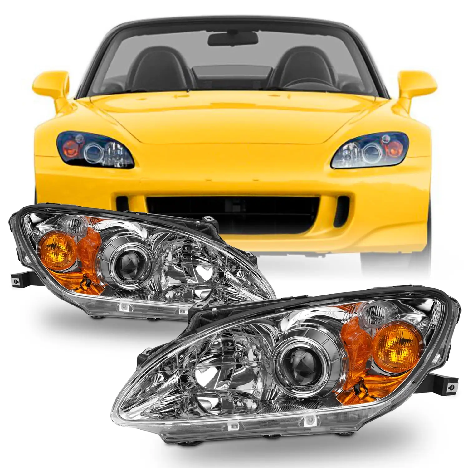 AKKON - Fits 2000 2001 2002 2003 Honda S2000 Model Chome OE Style AFS Amber Projector Headlights Assembly Pair