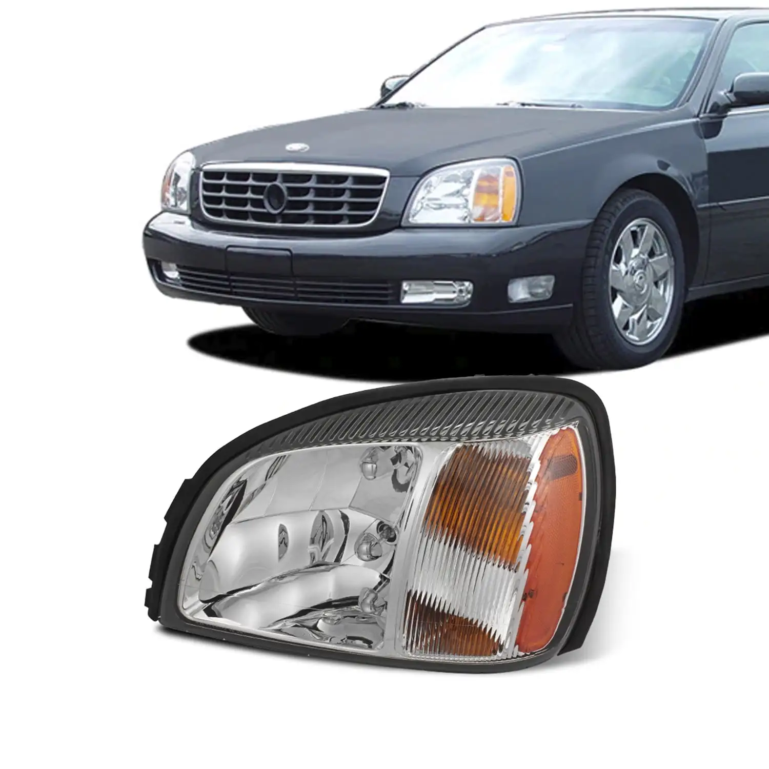 AKKON - Fits 2000-2005 Cadillac Deville 4Door Chrome [OE Style] Headlights Driver Left w/ Amber Side 2001 2002 2003 2004