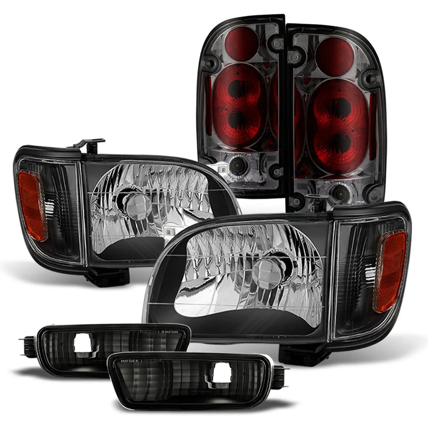 AKKON - Fits 2001 2002 2003 2004 Toyota Tacoma Pickup Black Headlights+ Corner+ Signal+ Bumper Lamp+ Smoked Tail Lights Pair