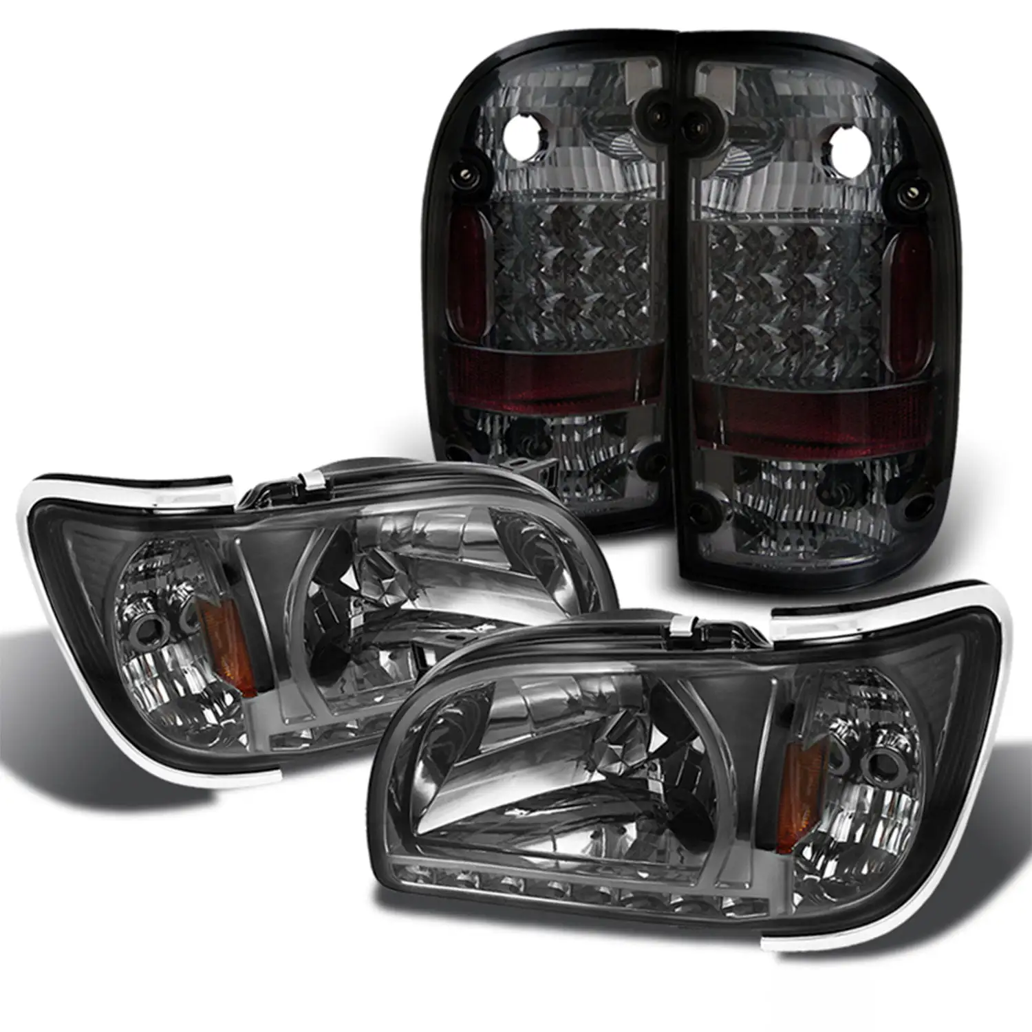 AKKON - Fits 2001-2004 Toyota Tacoma LED Smoked Headlights w/ Corner Light + LED Smoke Tail Brake Lamp Pair Left+Right