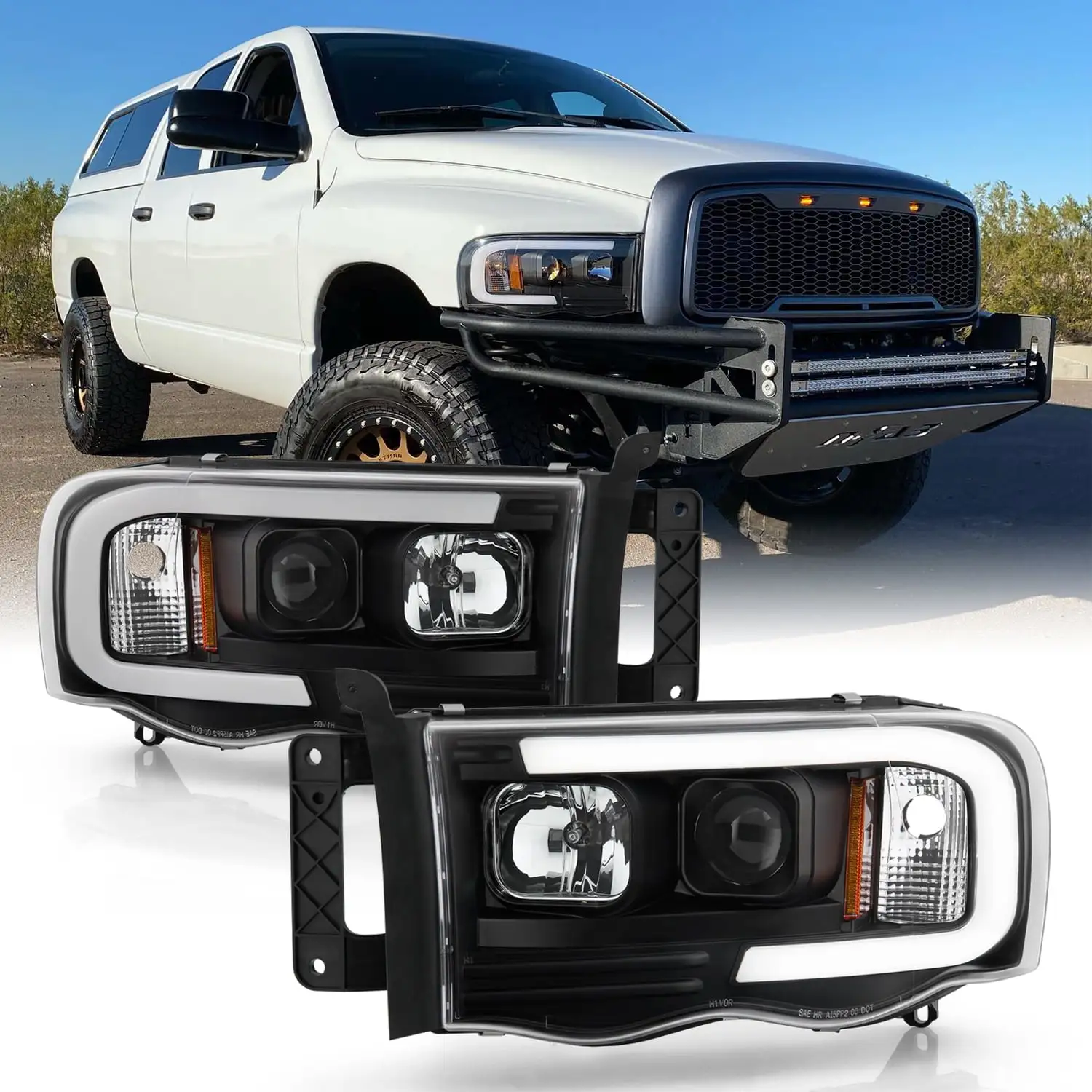 AKKON - Fits 2002-2005 Dodge Ram 1500 2500 3500 Pickup Truck C-Tube [Low-Beam LED] Projector headlights Pair Driver + Passenger