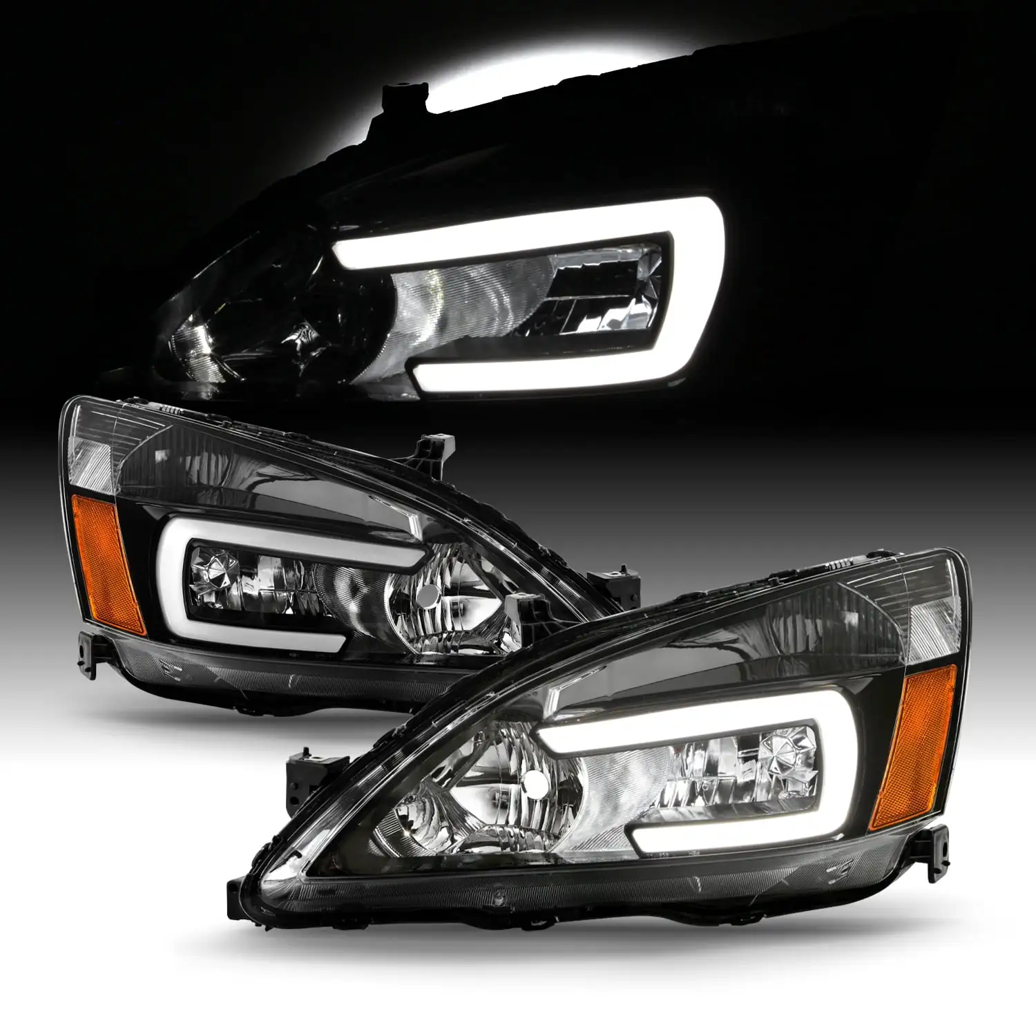 AKKON - Fits 2003-2007 Honda Accord LED Tube DRL Parking [Halogen Type] Black Headlights Pair Driver+Passenger Replacement