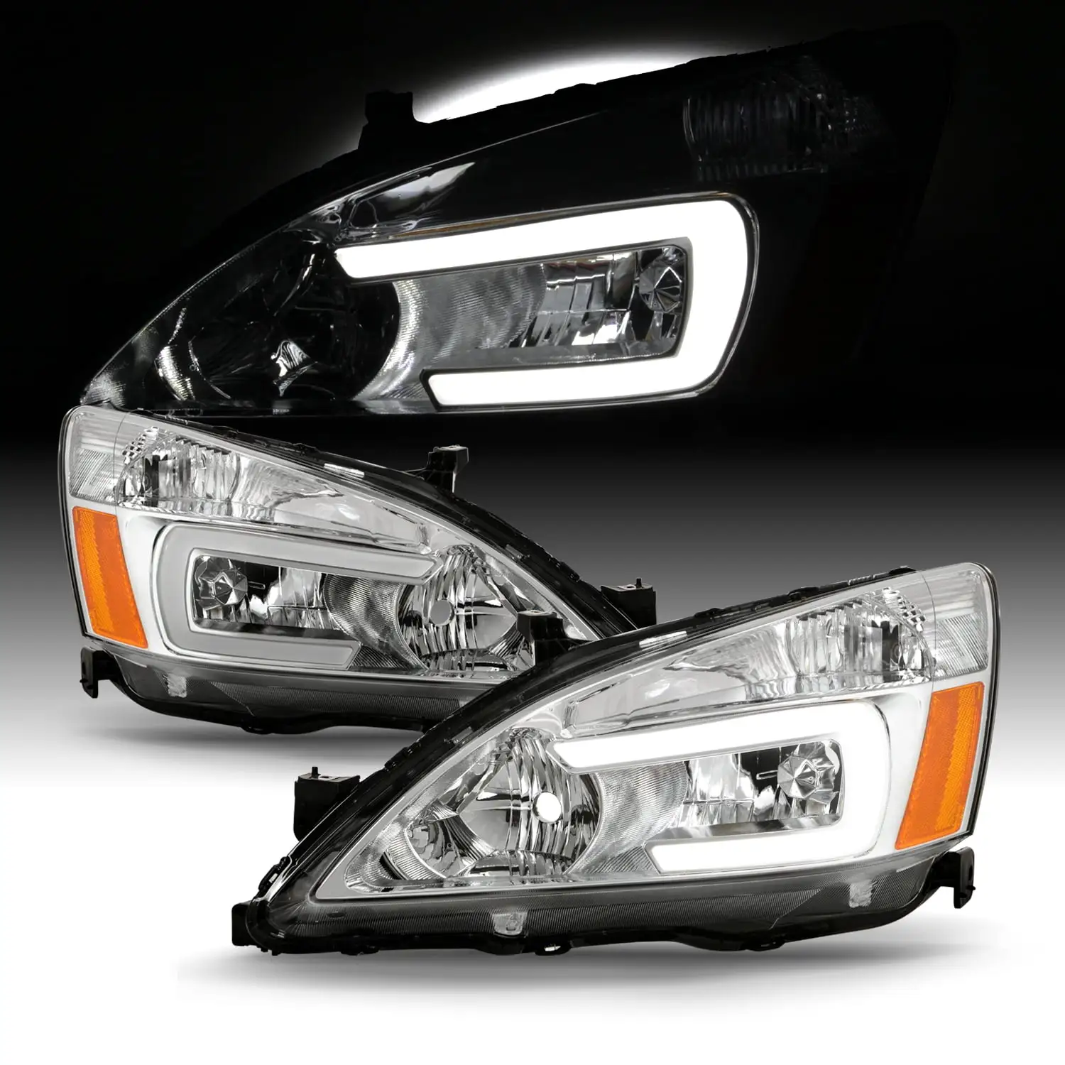 AKKON - Fits 2003-2007 Honda Accord LED Tube DRL Parking [Halogen Type] Chrome Headlights Pair Driver+Passenger Replacement