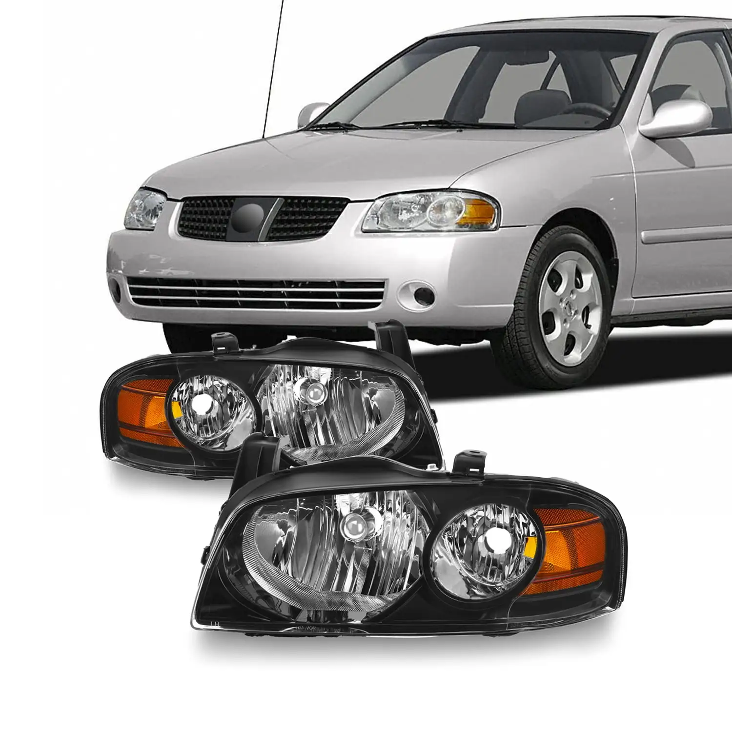 AKKON - Fits 2004 2005 2006 Sentra 4Door Sedan [Halogen Style] Black Headlamp Headlights Driver+Passenger Pair 04 05 06