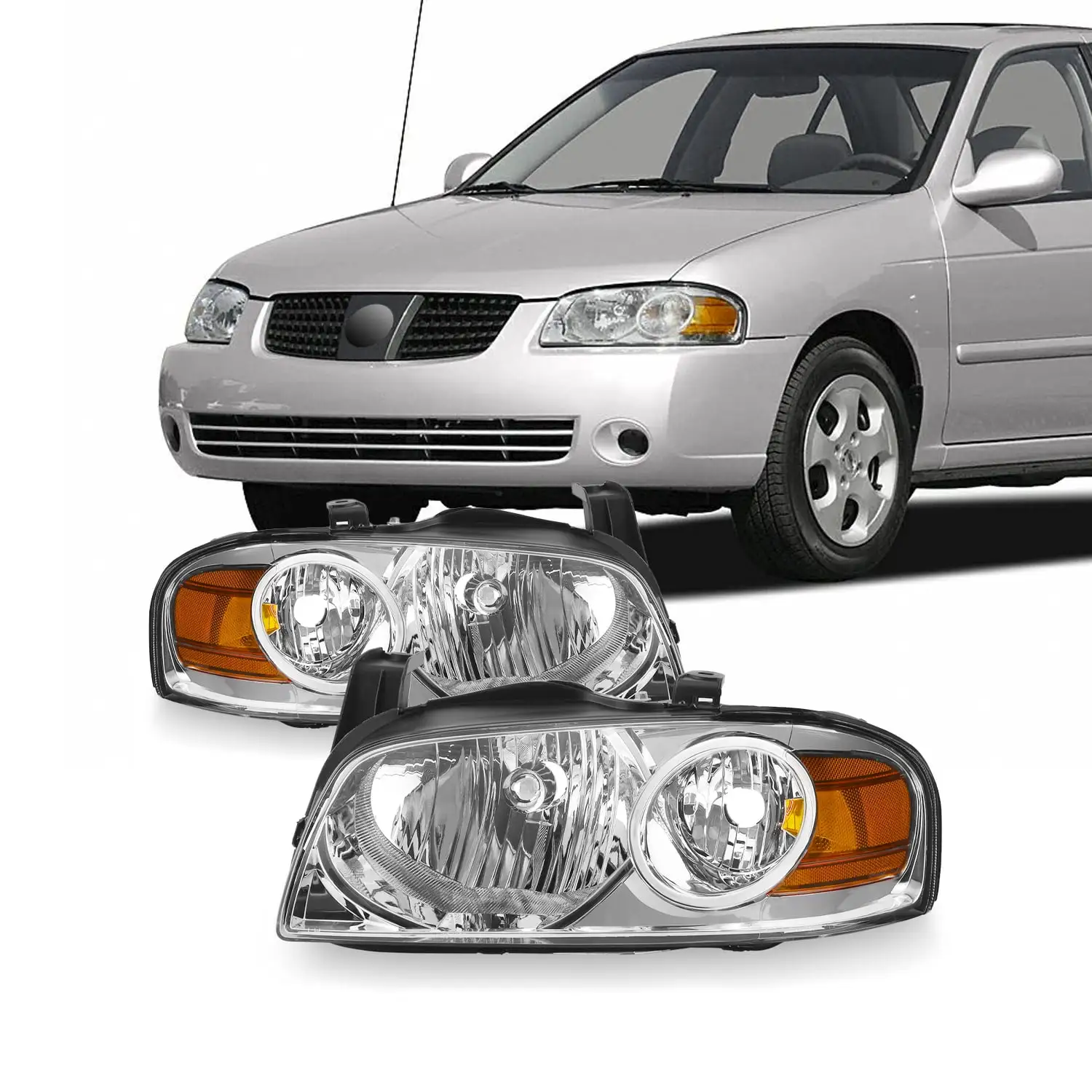 AKKON - Fits 2004 2005 2006 Sentra 4Door Sedan [Halogen Style] Chrome Headlights Driver+Passenger Pair Set 04 05 06