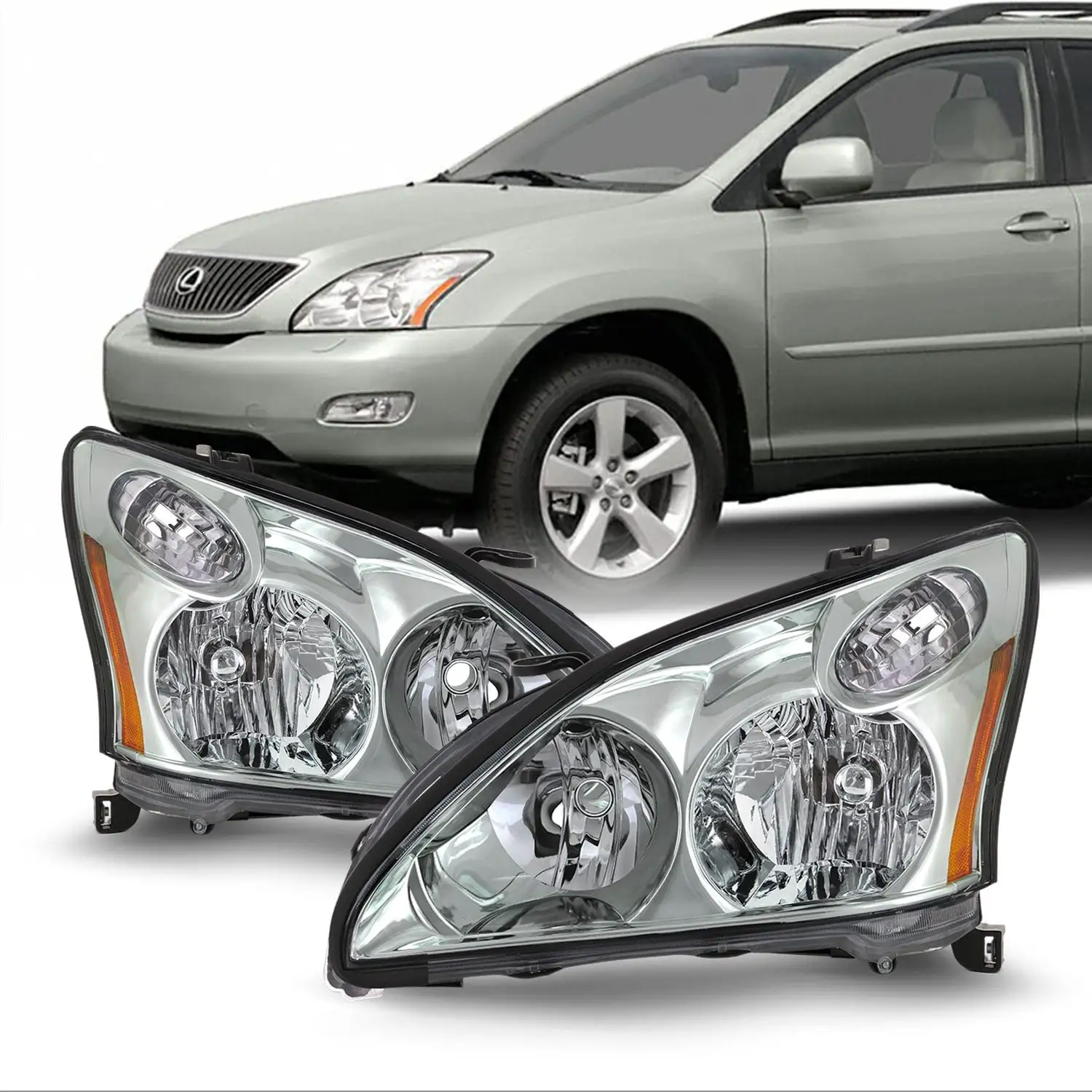 AKKON - Fits 2004-2006 Lexus RX330 2006-2009 RX350 2006-2008 RX400h [Halogen Type] Headlights Chrome Headlamps Pair Left+Right