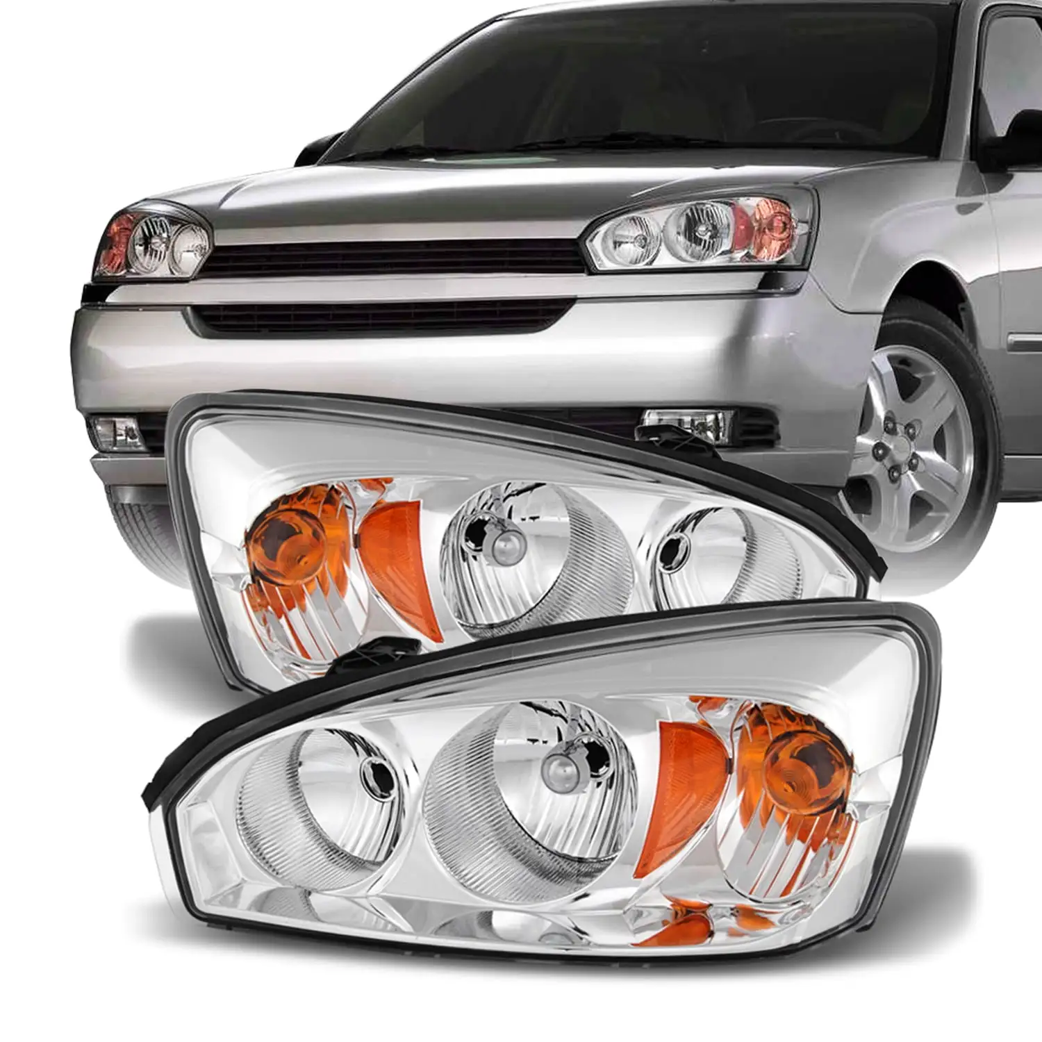 AKKON - Fits 2004-2007 Chevy Malibu 2008 Malibu Classic LS/LT Model [Halogen Type] Chrome Headlight Pair Left+Right Headlamps