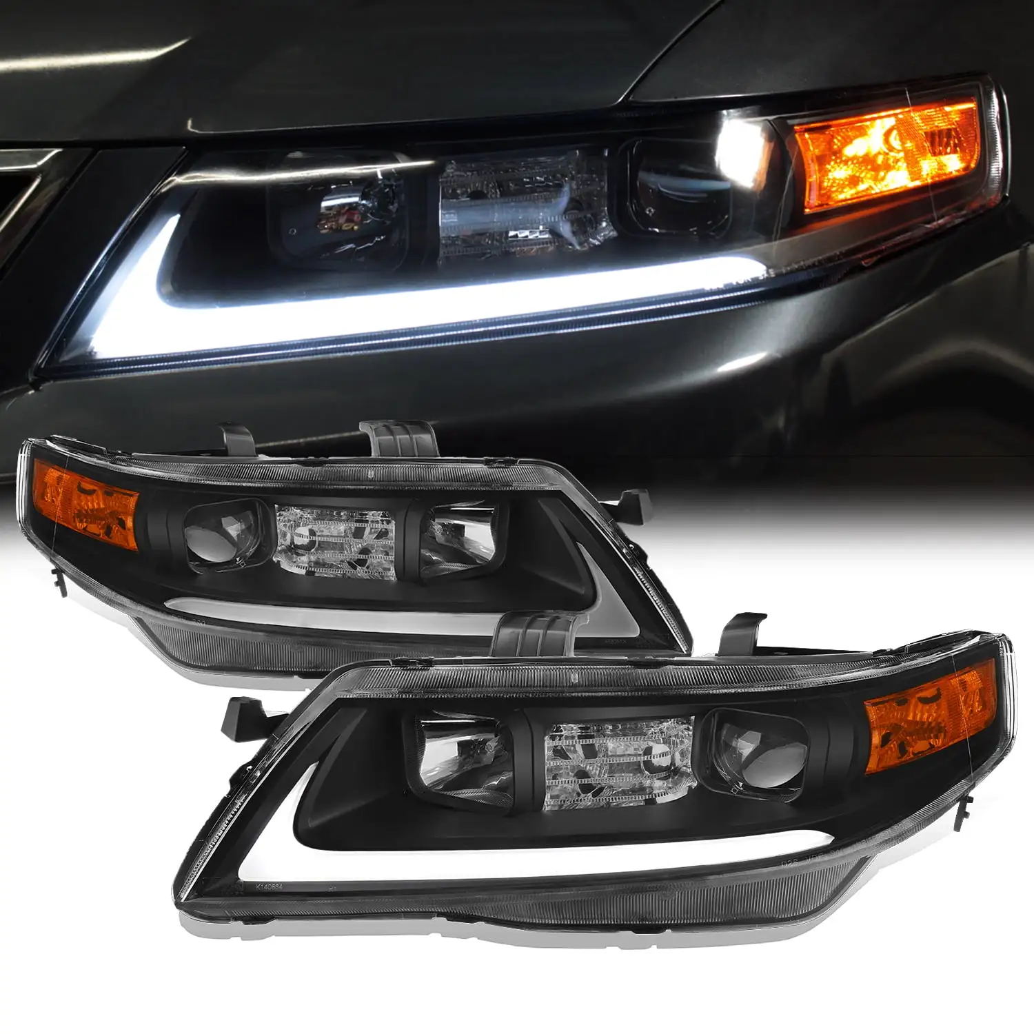 AKKON - Fits 2004-2008 Acura TSX CL9 LED Tube Projector Front Black Headlights Headlamps Pair Replacement