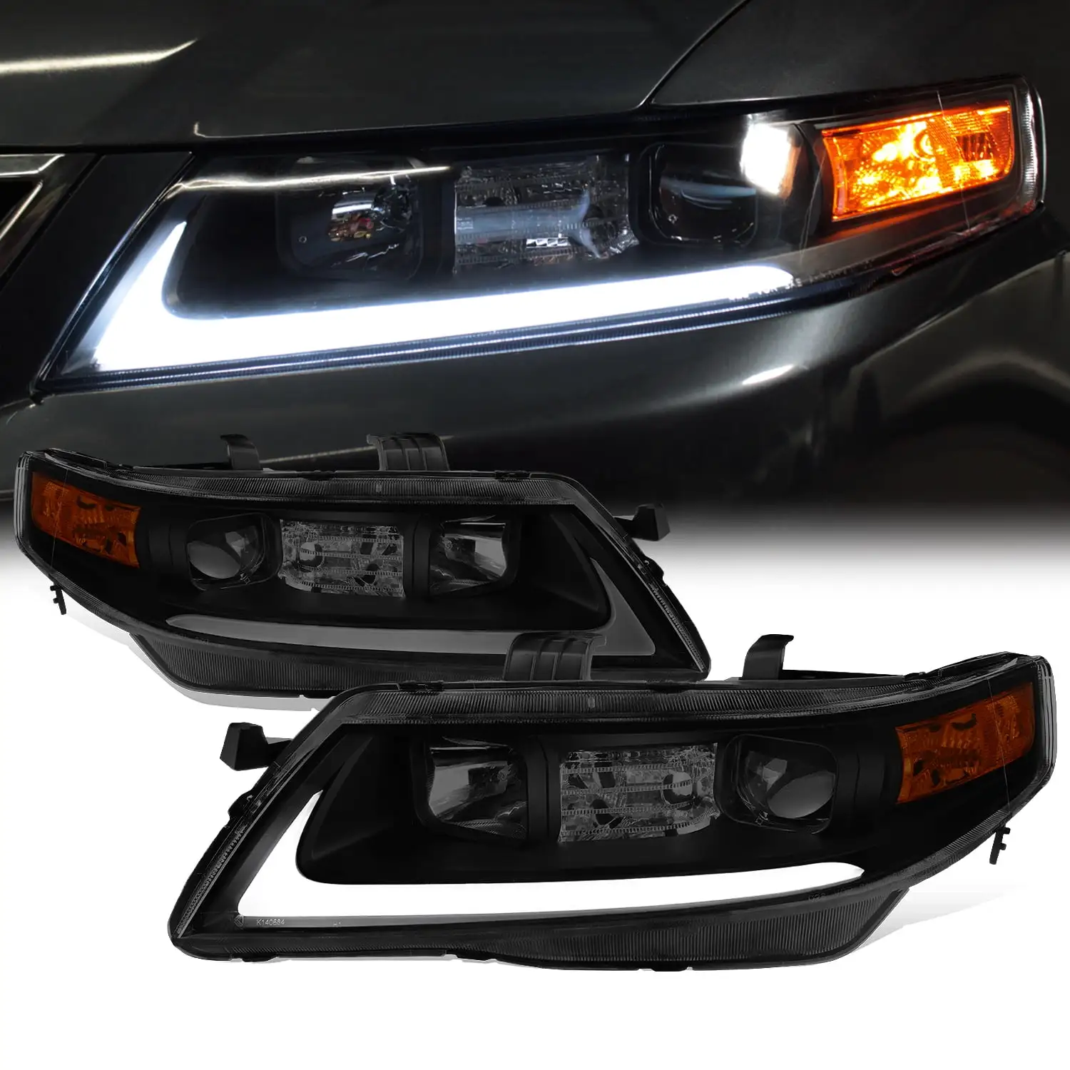 AKKON - Fits 2004-2008 Acura TSX CL9 LED Tube Projector Front Black Smoked Headlights Headlamps Pair