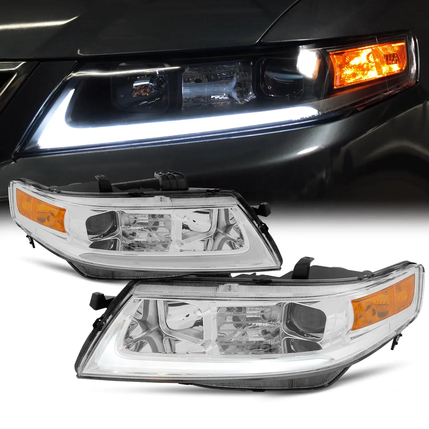 AKKON - Fits 2004-2008 Acura TSX CL9 LED Tube Projector Front Chrome Clear Headlights Headlamps Pair Replacement