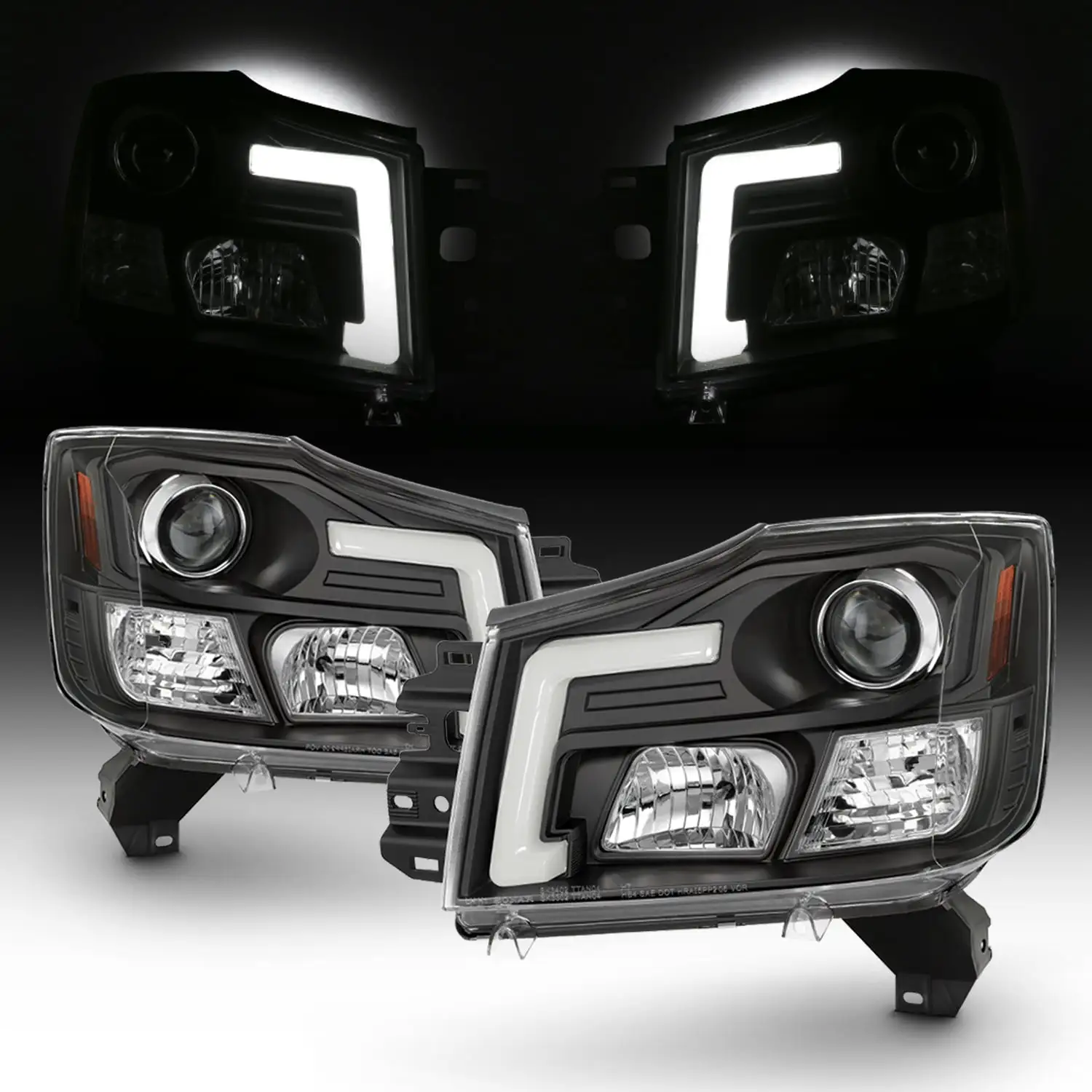 AKKON - Fits 2004-2015 Titan / 04-07 Armada [C-Tube Style] LED Projector Black Headlights Left+Right Pair Set