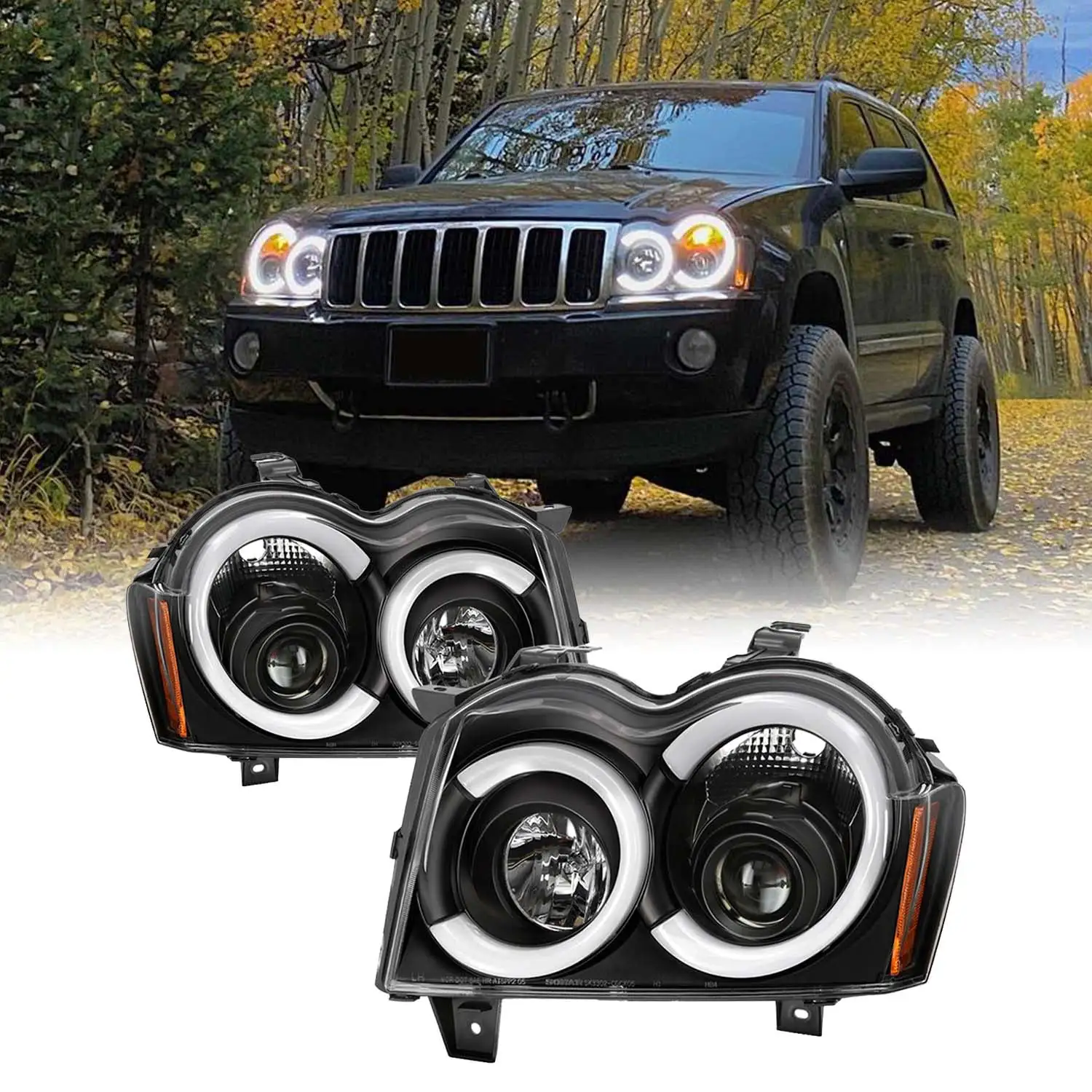 AKKON - Fits 2005 2006 2007 Jeep Grand Cherokee LED [C-Tube] Light Bar Projector Black Headlights Pair Left + Right