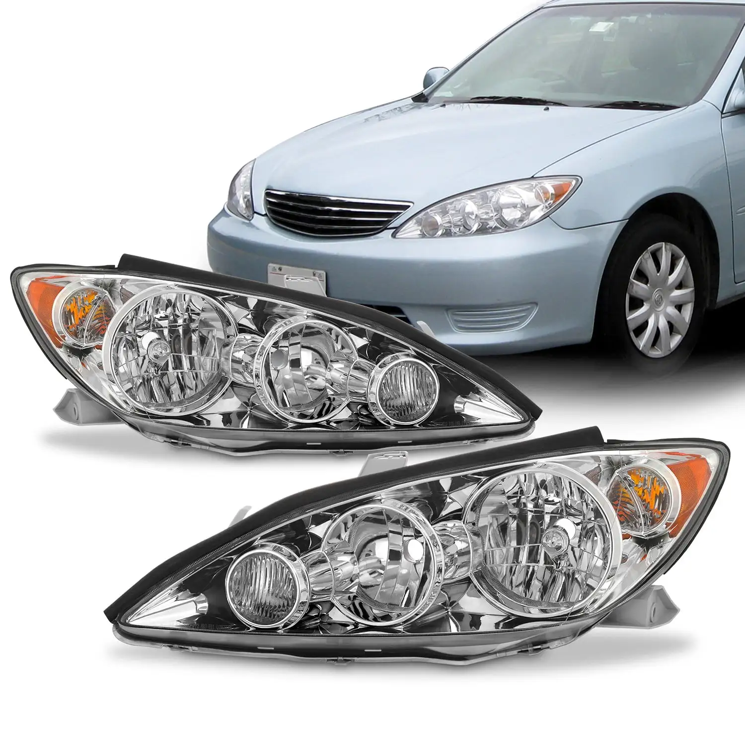 AKKON - Fits 2005 2006 Toyota Camry Sedan Halogen Type Chrome Headlights Pair Replacement Left Driver + Right Passenger