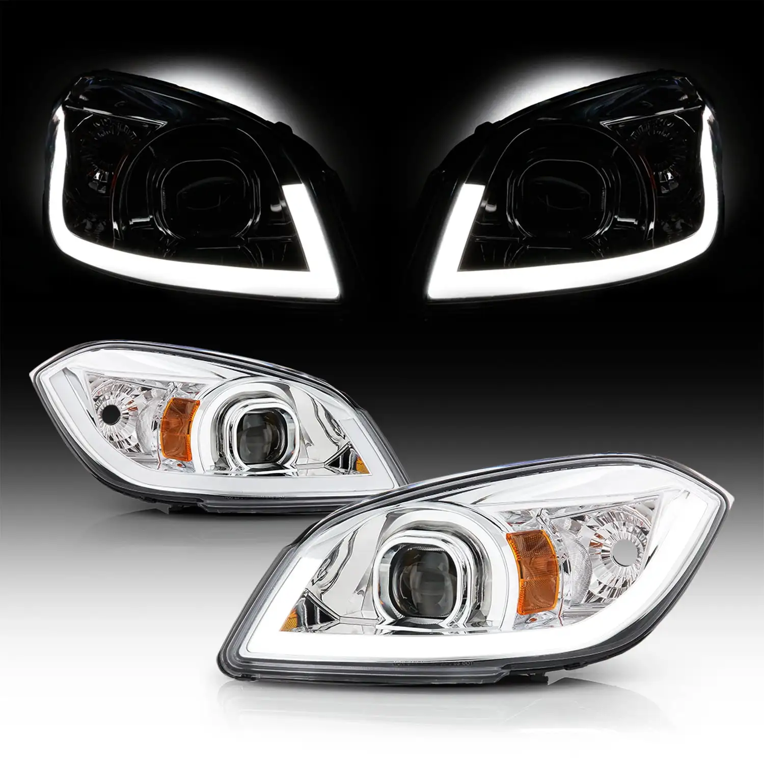 AKKON - Fits 2005-2010 Chevy Cobalt 05-06 Pontiac Pursuit 07-10 G5 [Halogen Type] LED Light Bar Projector Chrome Headlights Pair