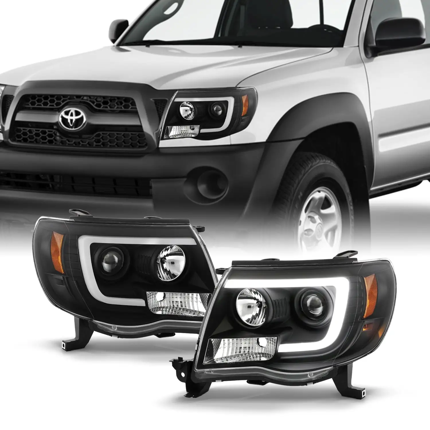 AKKON - Fits 2005-2011 Toyota Tacoma LED Module White LED Tube & Projector Headlights - Black Housing