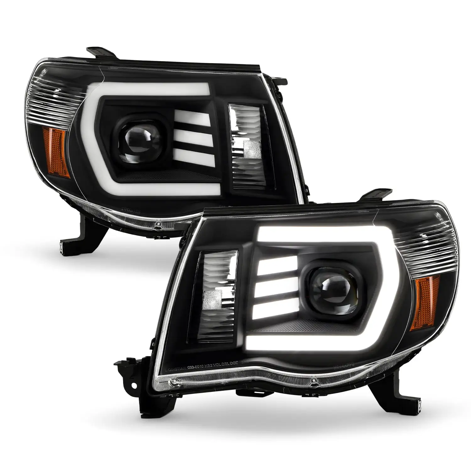 AKKON - Fits 2005-2011 Toyota Tacoma Pickup TRD [LED C-Light Bar] Projector Black Headlights Pair Driver Left+Passenger Right