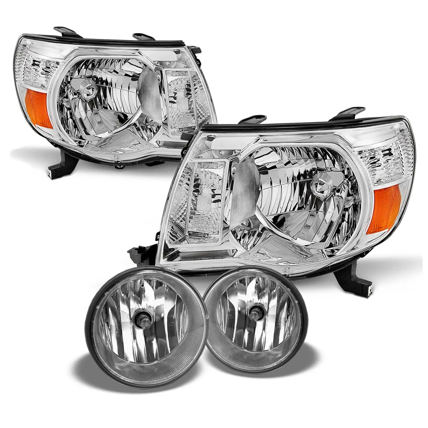 AKKON - Fits 2005-2011 Toyota Tacoma Pickup Truck Chrome Headlights + Clear Fog Lamps Pair Left+Right Replacement