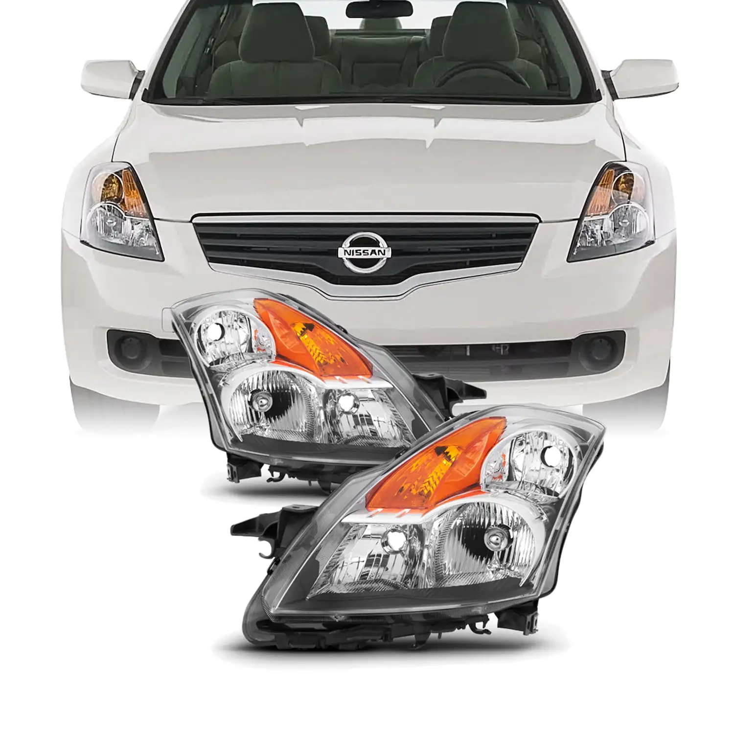 AKKON - Fits 2007 2008 2009 Altima Sedan Driver & Passenger Both Side Halogen Headlights Headlamps Chrome