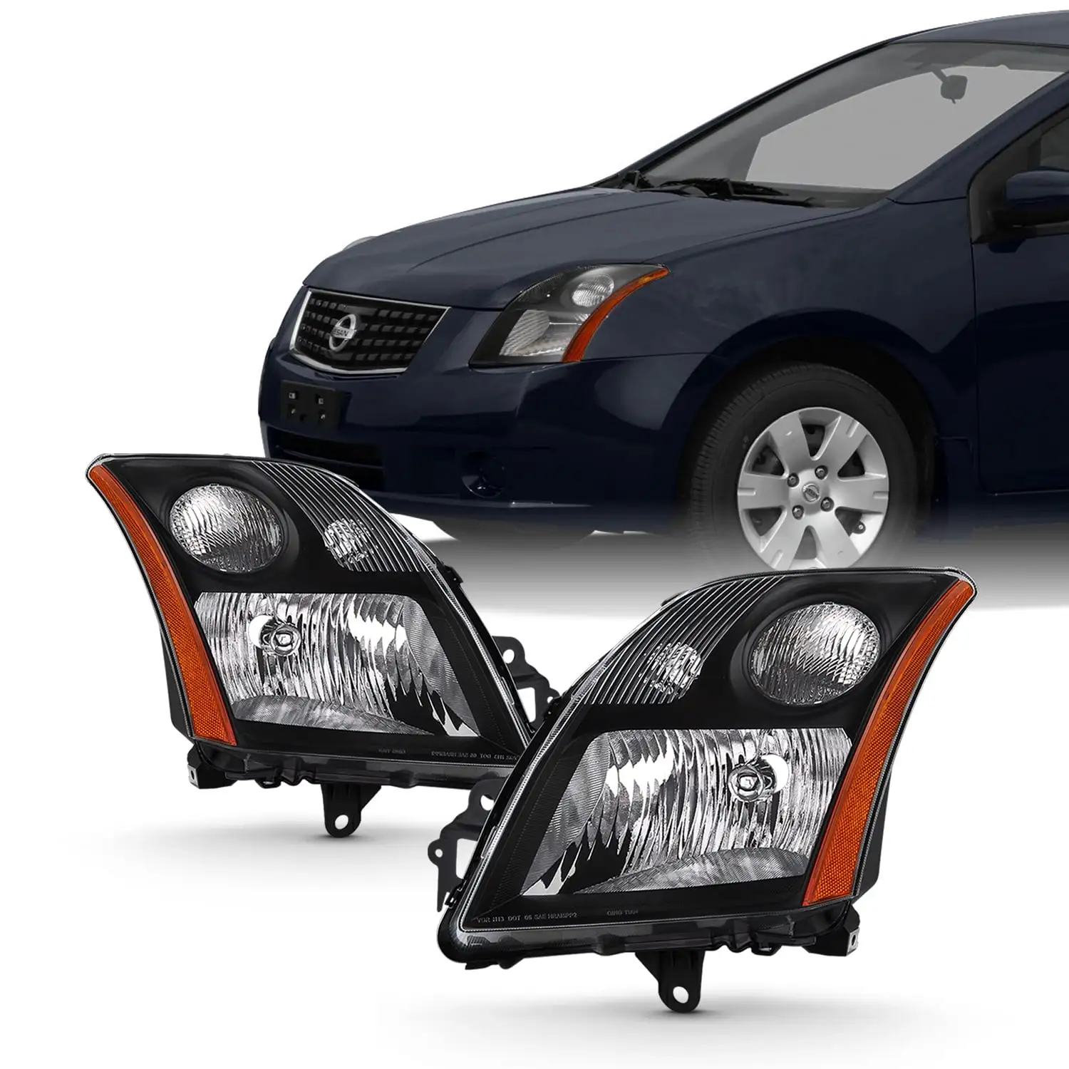 AKKON - Fits 2007 2008 2009 Nissan Sentra Sedan L4 2.0L Models Black Headlights Left Driver+Right Passenger Pair Replacement