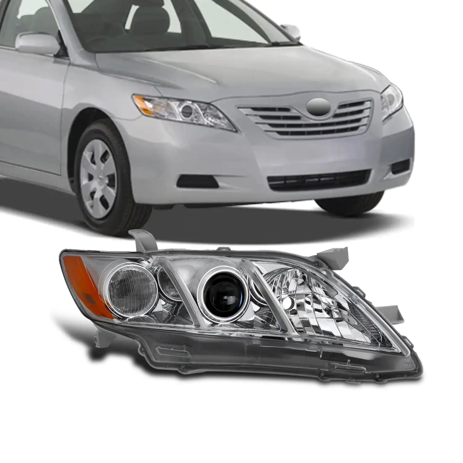 AKKON - Fits 2007 2008 2009 Toyota Camry LE/CE/Base/XLE Sedan Models [Halogen Type] Projector Chrome Headlight Passenger Right