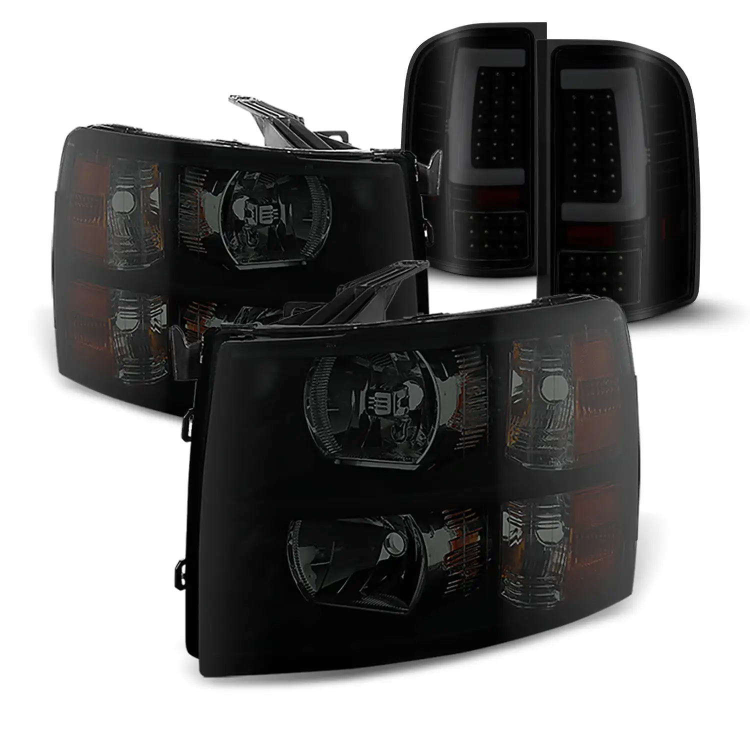 AKKON - Fits 2007-2013 14 Silverado 1500 2500HD 3500 HD Sierra LED [C-Tube] Sequential Signal Black Smoked Tail Light + Headlight