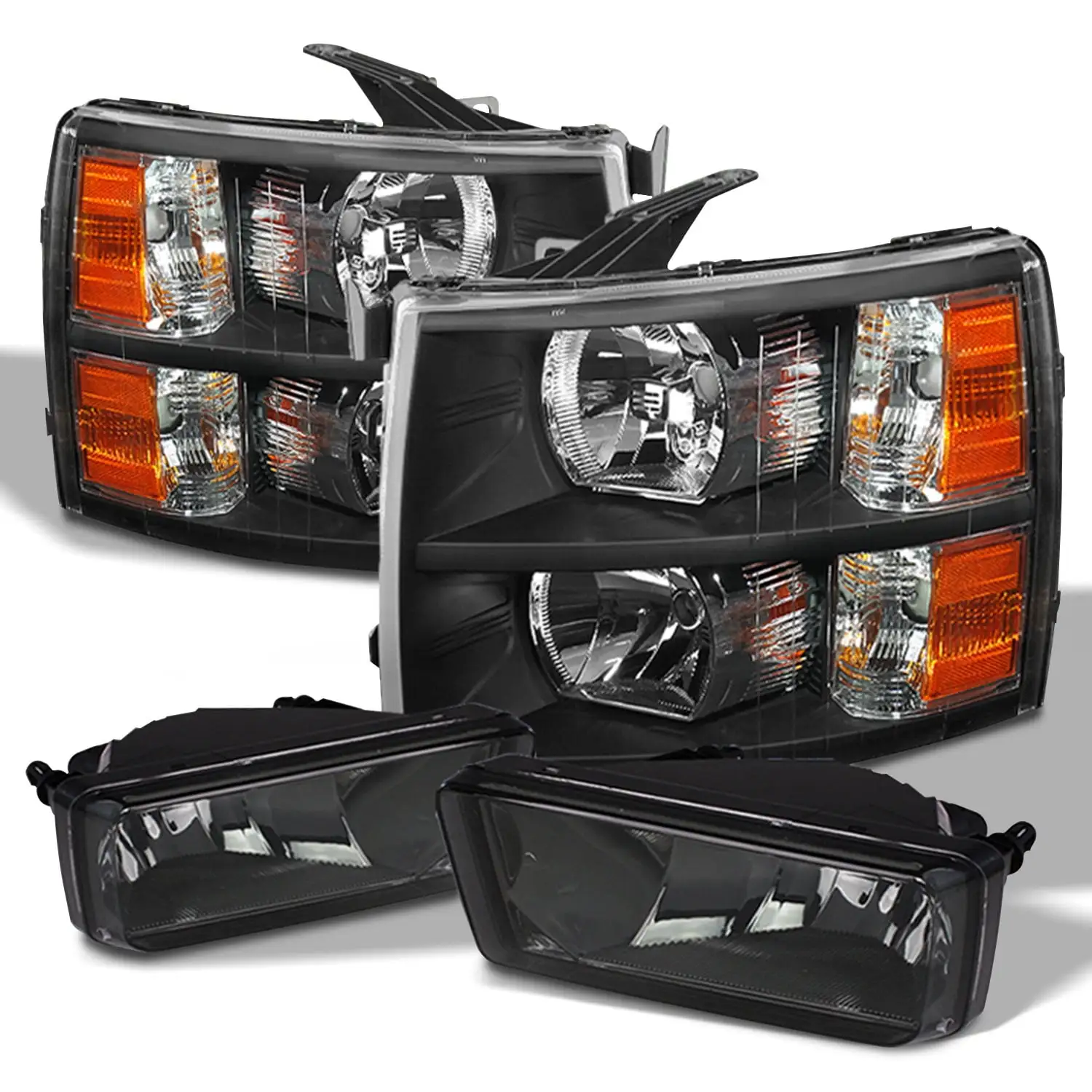 AKKON - Fits 2007-2013 2014 Chevy Silverado 1500 / 2500HD / 3500HD Black Headlights + Smoked Fog Light Lamps Pair Left+Right