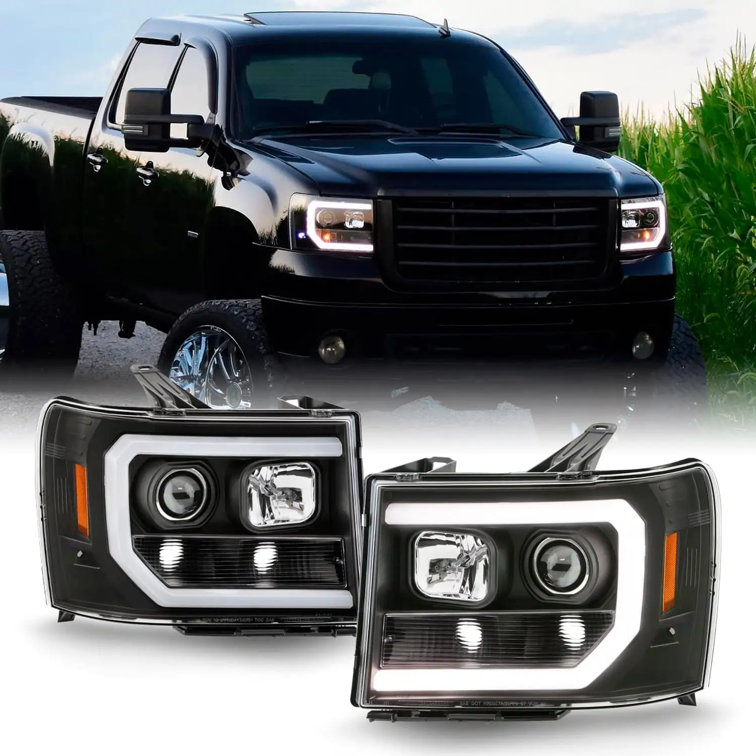 AKKON - Fits 2007-2013 GMC Sierra 1500 2500HD 3500HD LED [C-Tube] Projector Headlights [Black Edition] Pair Driver + Passenger